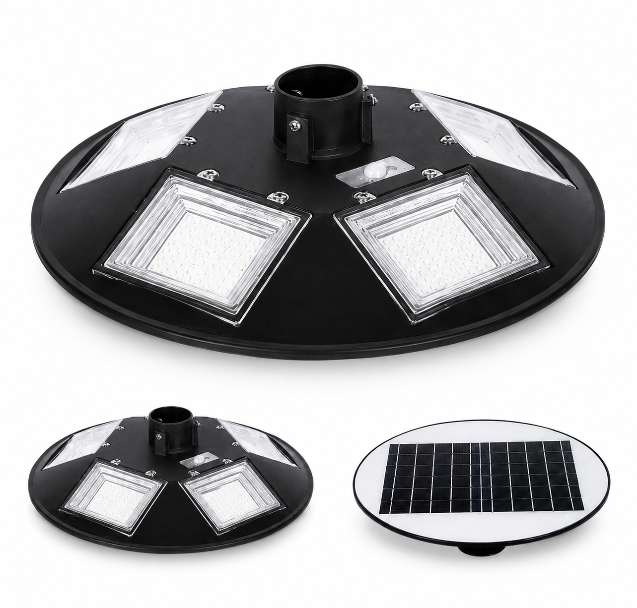 A black solar-powered outdoor street light fixture shown from three angles: a top-down view showing the main light head with four square LED panels and a central mounting post, a side view showing the post and top cover, and a close-up of the circular solar panel.