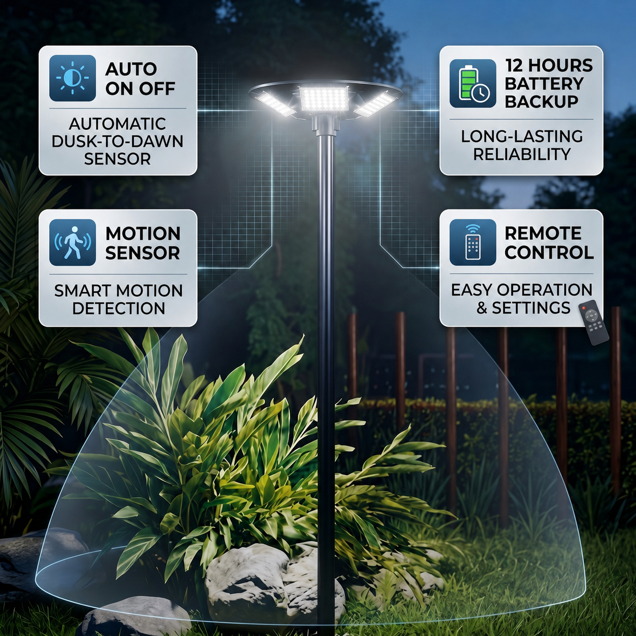 Solar garden light with features like auto on/off, battery backup, motion sensor, and remote control displayed.