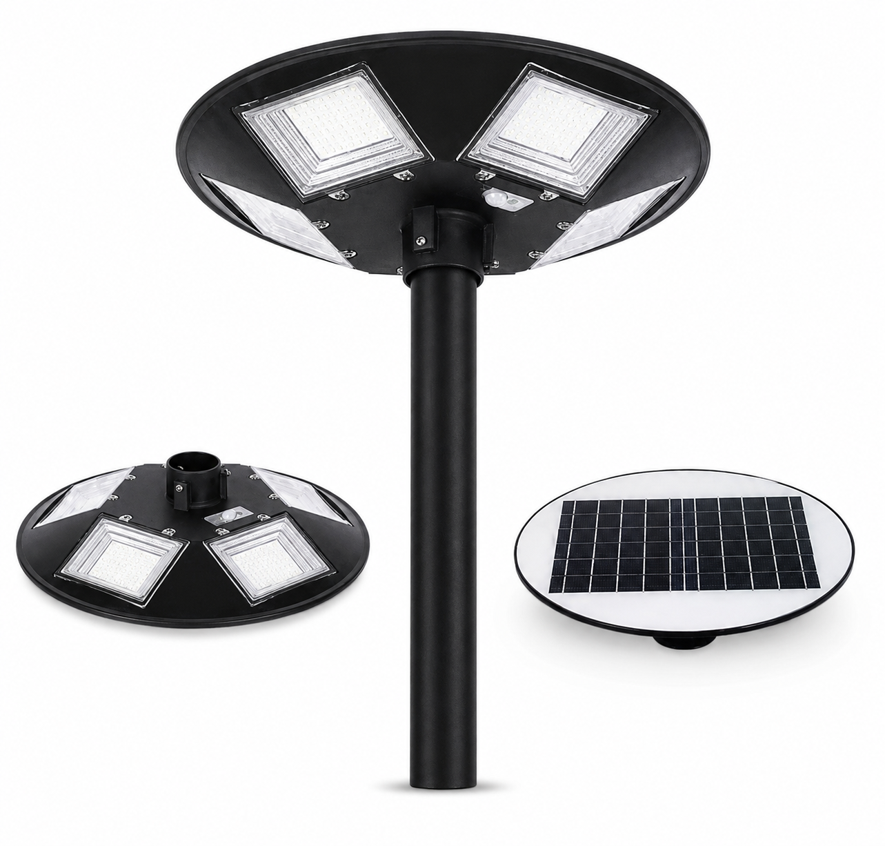 Black solar-powered outdoor street light with three LED panels on the lamp head, shown assembled in the center with two inset views: one showing the lamp head from the side and one showing the circular solar panel separately, all on a white background.