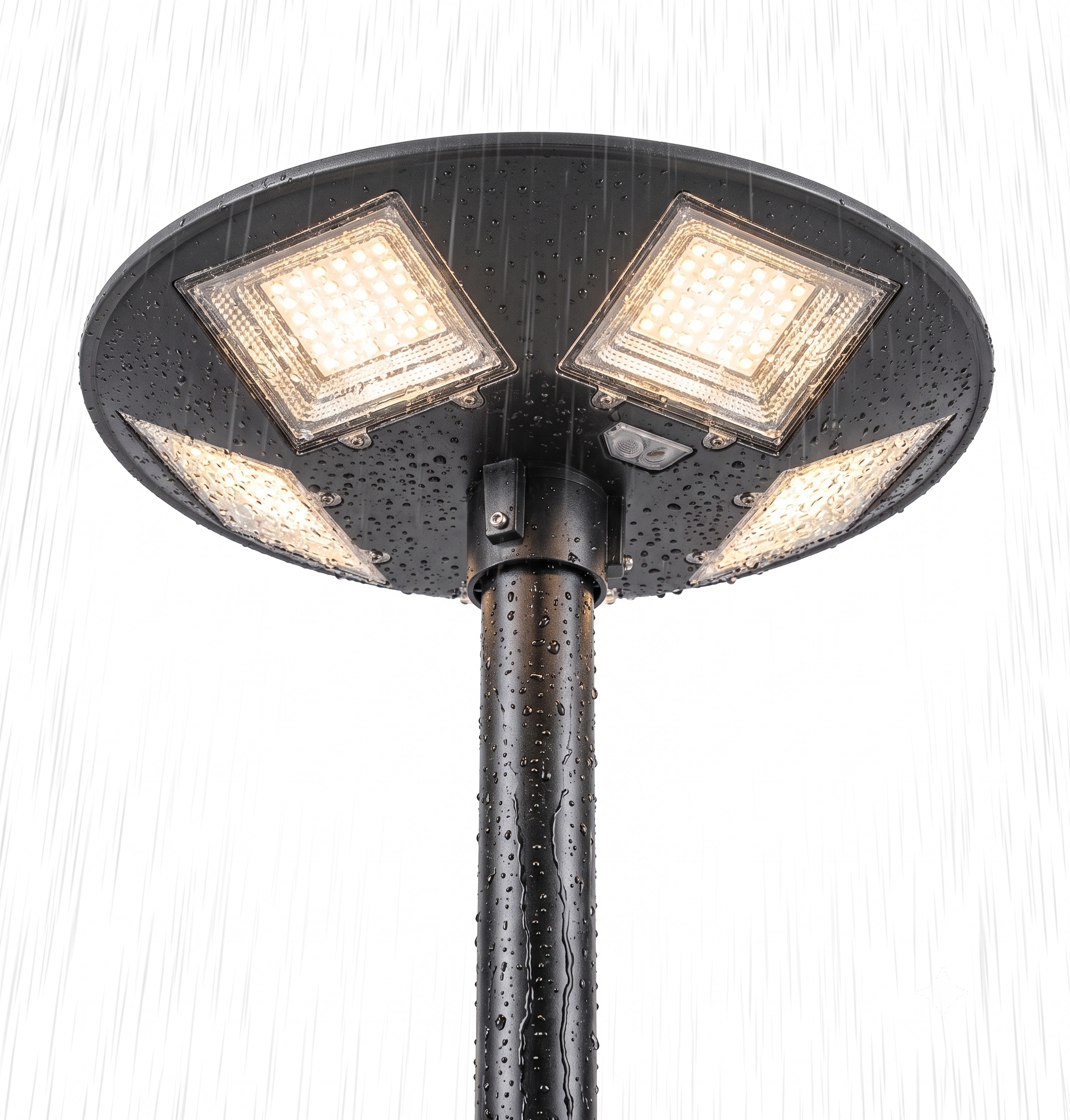 A three-light outdoor bollard street light fixture shown from the top, with its circular canopy covered in raindrops and illuminated against a white background with visible rain streaks.
