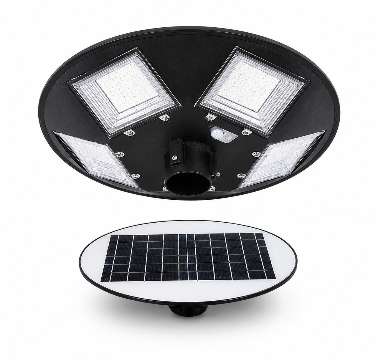 A solar-powered outdoor street light shown in two views: an exploded top view displaying the three LED light panels and central housing, and a side profile view showing the integrated circular solar panel on a white background.