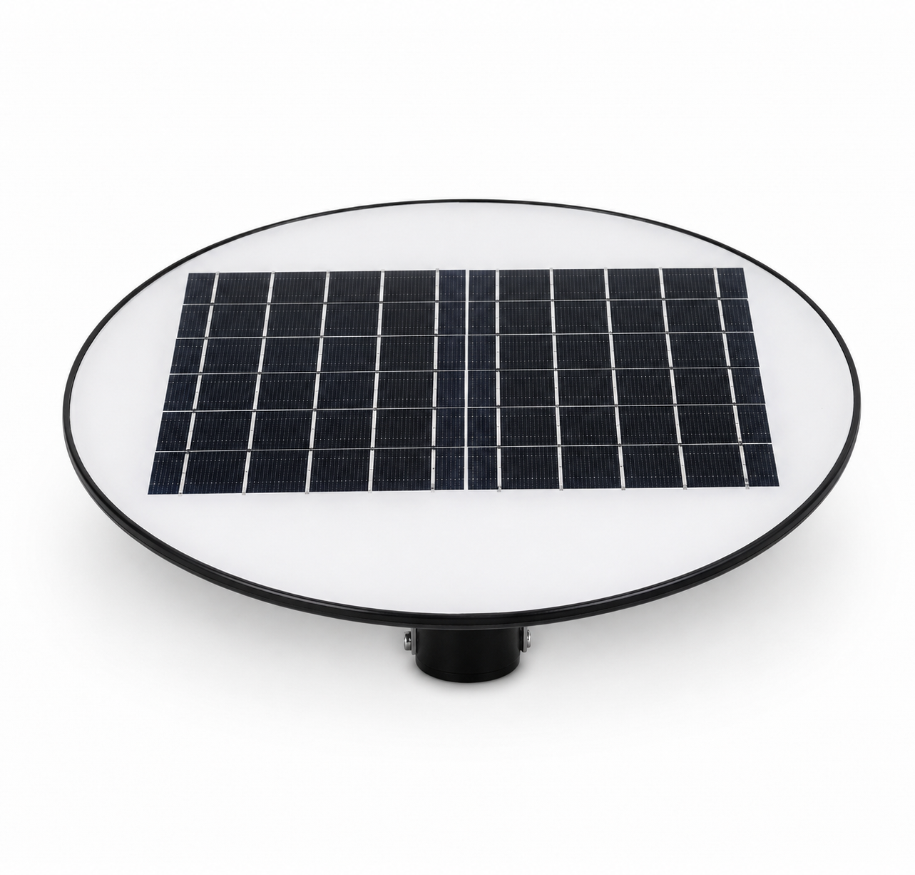 A circular solar panel light with a white faceplate, a black outer rim, and a rectangular dark solar cell array in the center, mounted on a short black post against a white background.