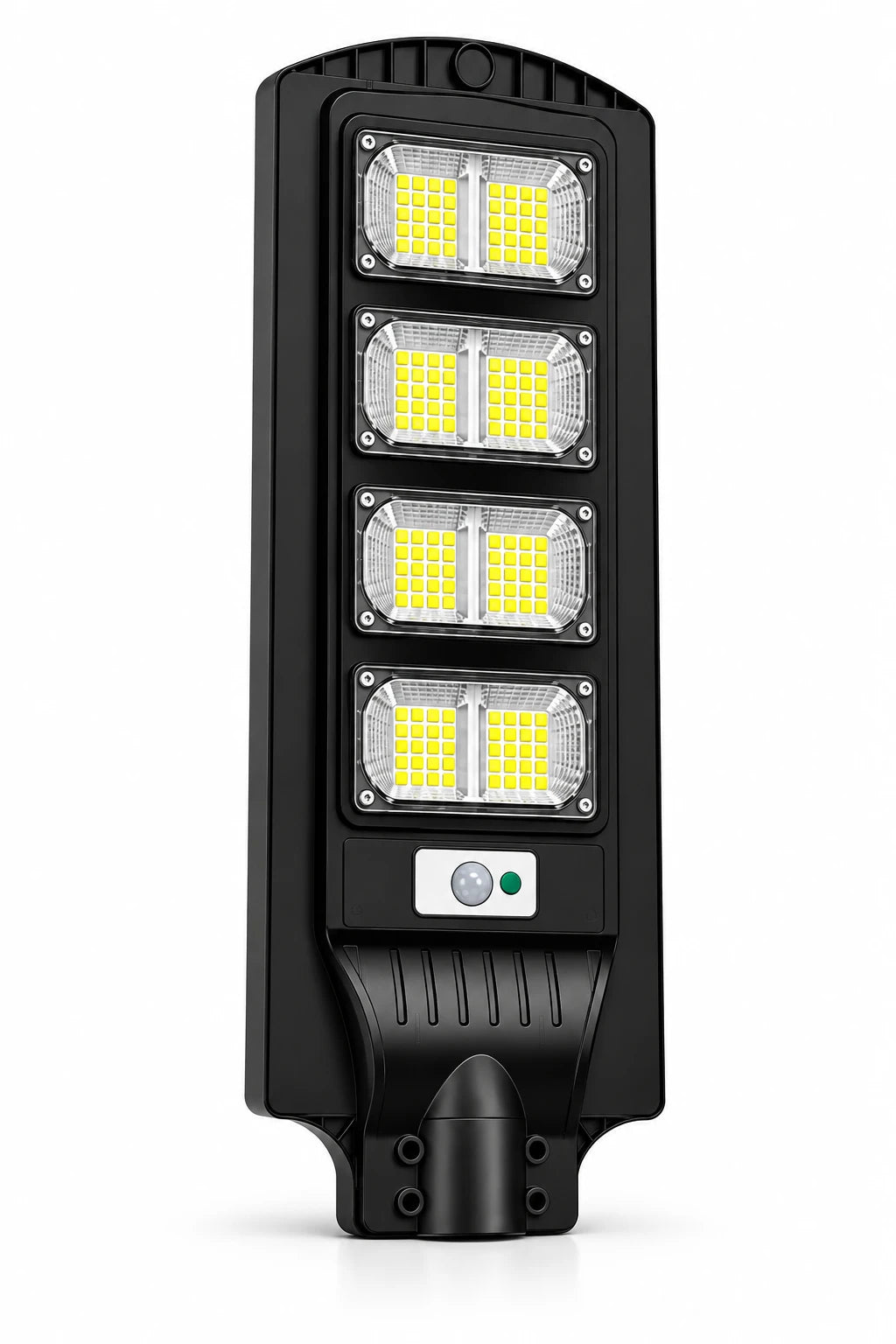 A black solar-powered outdoor street light with four vertical LED light panels and an integrated motion sensor, shown on a clean white background.