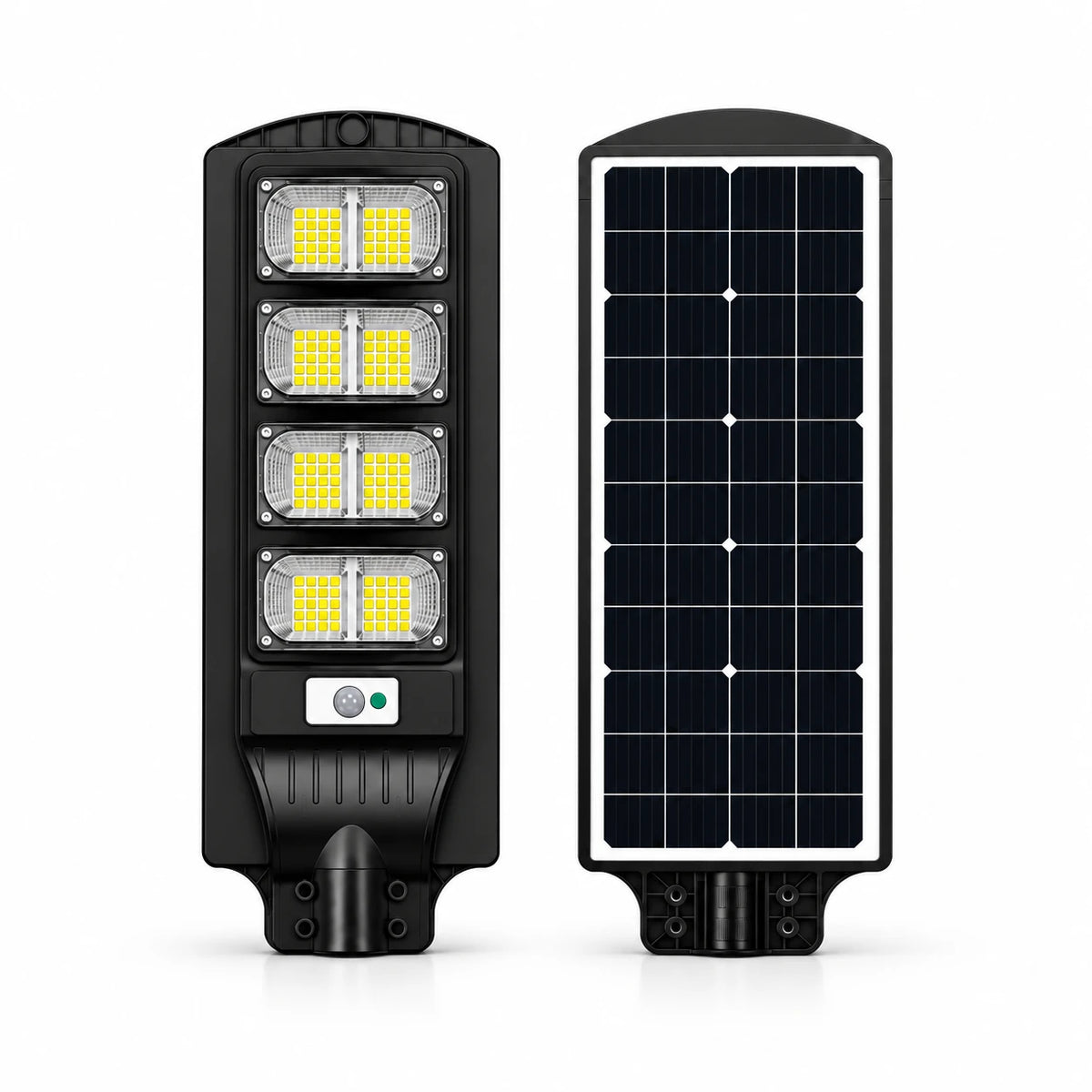 A dual-sided solar street light shown from the front and side against a white background. The front shows four rectangular LED light modules with yellow LED chips, and the side shows a black solar panel with a white border.