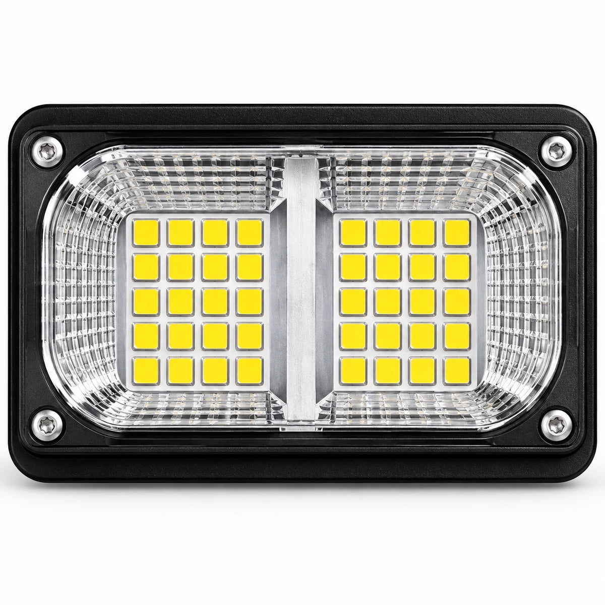 A rectangular high-brightness LED light bar with a black housing, clear textured lens, and two yellow LED chip arrays in the center, secured with four silver screws at the corners.