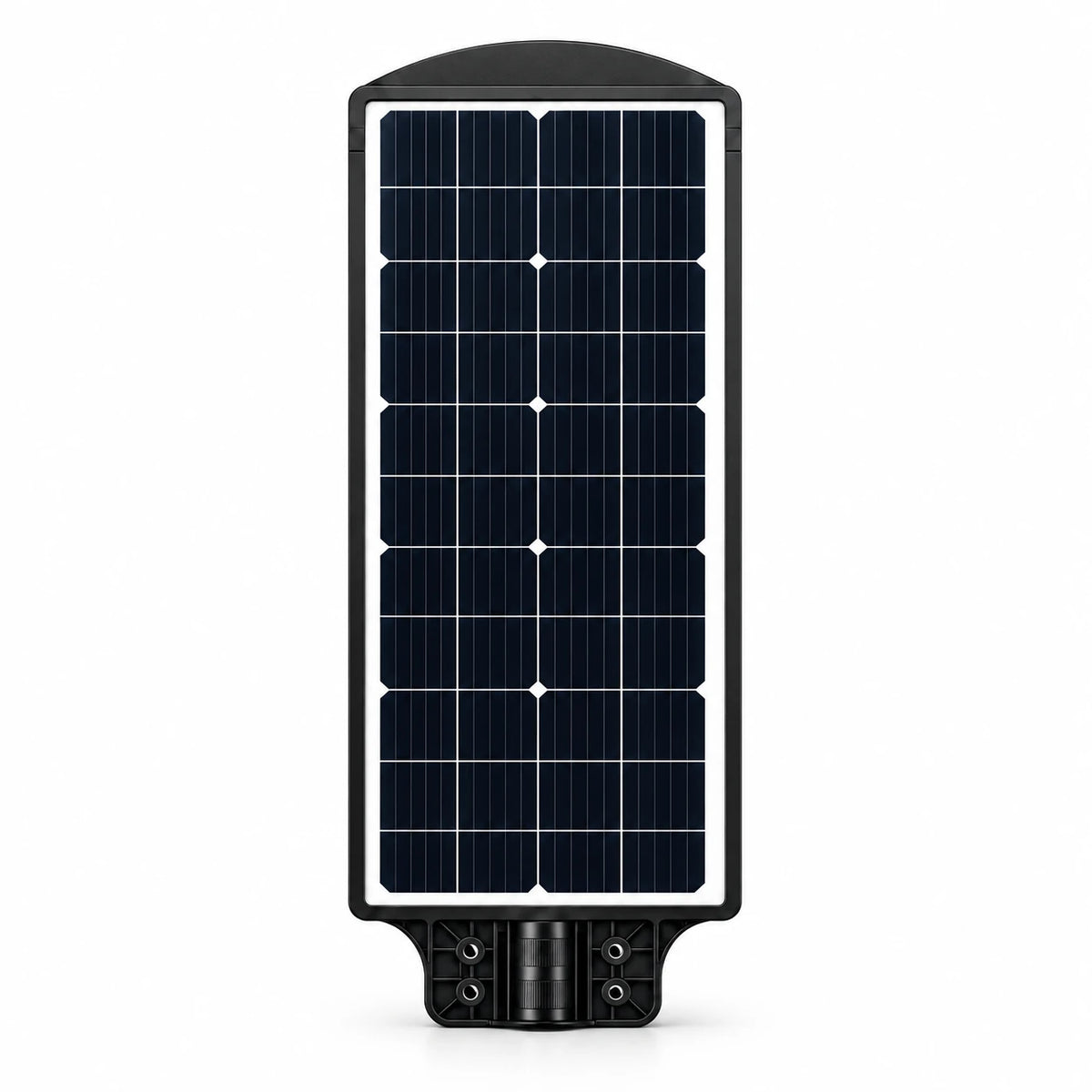 A solar-powered street light with a large dark blue solar panel array on a white rectangular faceplate, enclosed in a black housing with a curved top and bottom base, shown against a plain white background.