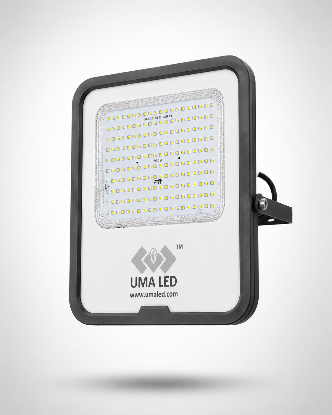 UMA LED square outdoor floodlight with a black frame and white faceplate, featuring an integrated mounting bracket on the right side.