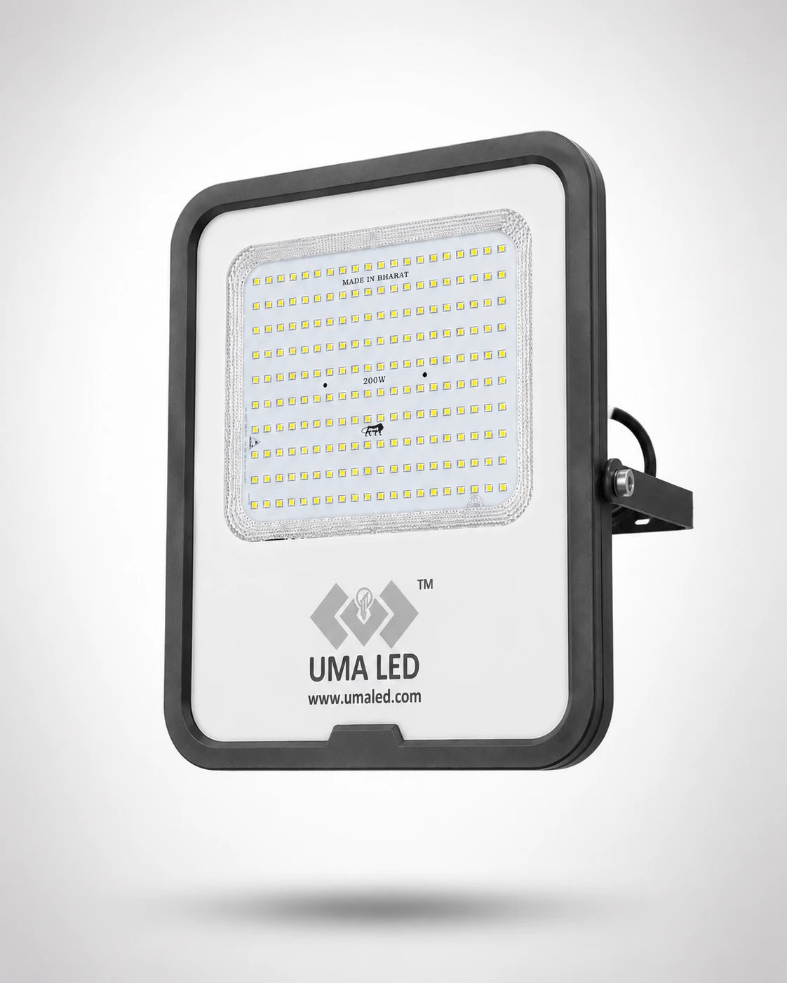 UMA LED square outdoor floodlight with a black frame and white faceplate, featuring an integrated mounting bracket on the right side.