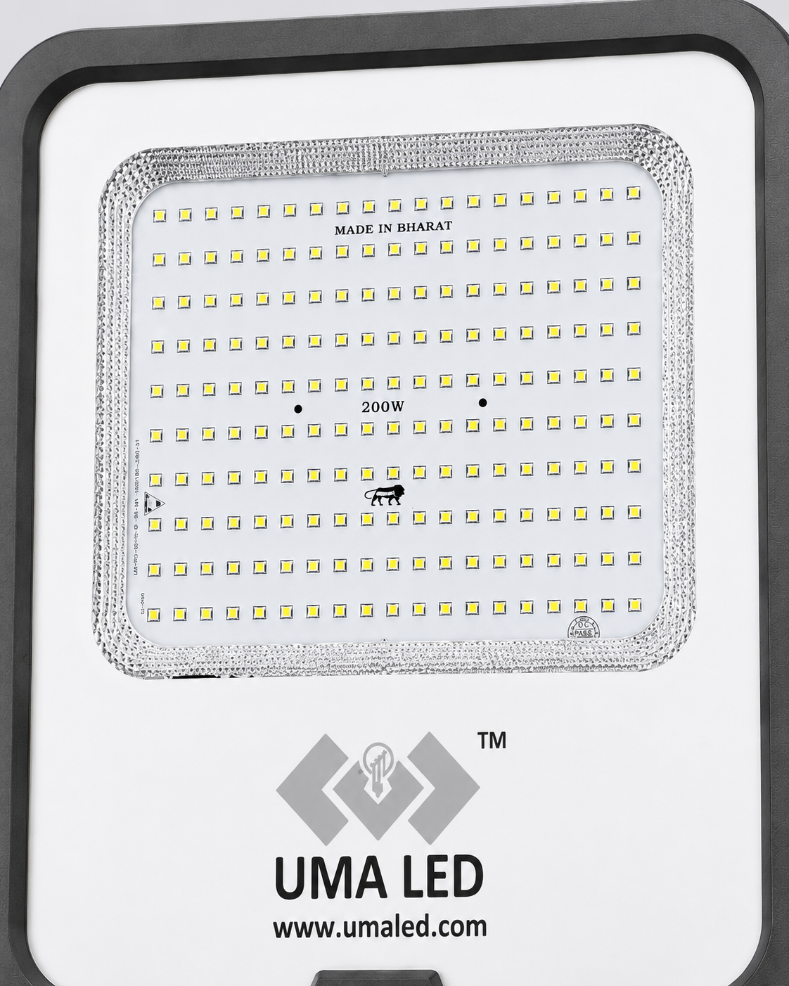 UMA LED 200W square LED street light with a white faceplate, black border, and a grid of small yellow LED chips, featuring the UMA LED logo and website at the bottom.
