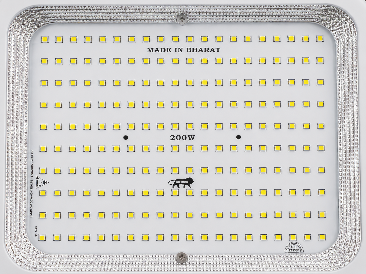 A 200W rectangular LED light panel with a textured silver border, featuring rows of yellow LED chips on a white faceplate with printed specifications.