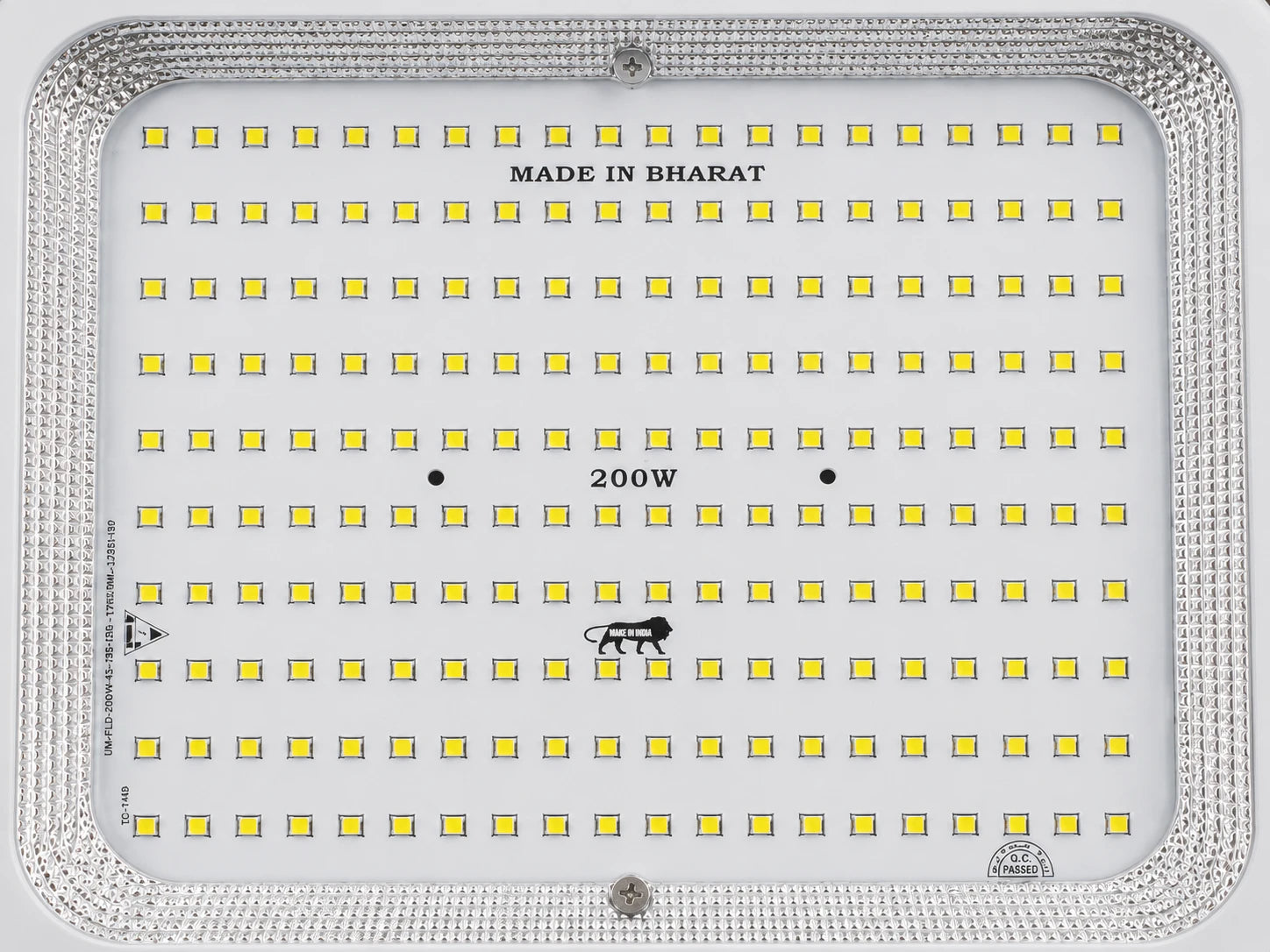 A 200W rectangular LED light panel with a textured silver border and a white faceplate covered in rows of yellow LED chips. The panel features printed text including 'MADE IN BHARAT' and '200W', along with a small bee logo.