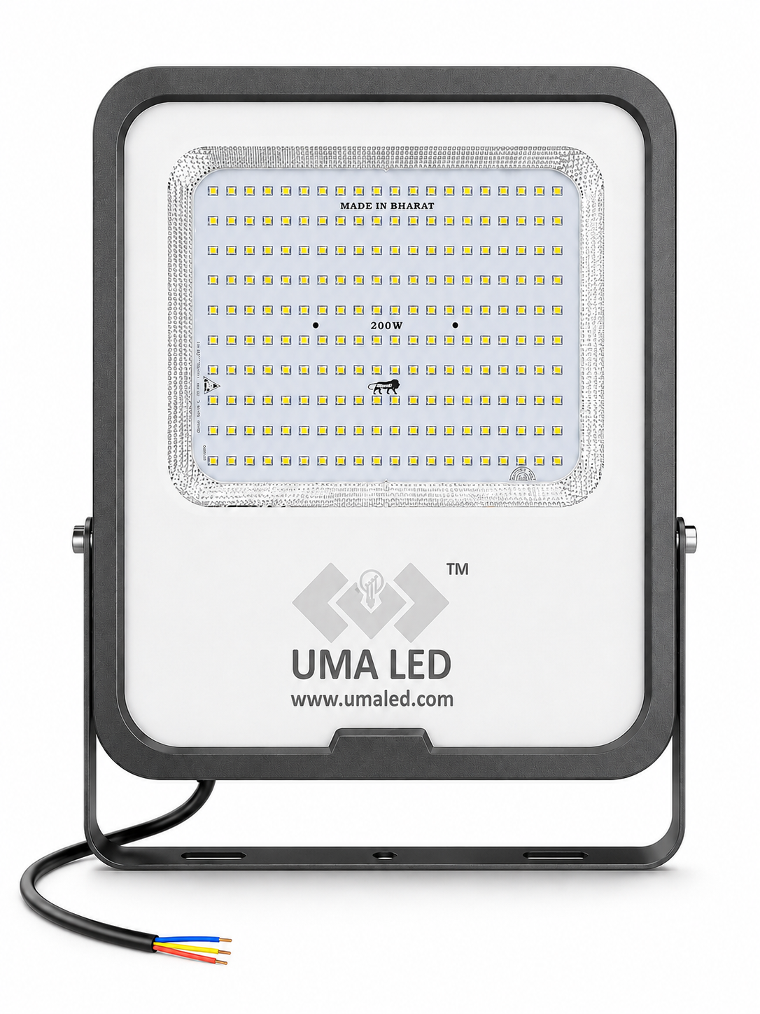 UMA LED 240W outdoor floodlight with a black metal housing and mounting bracket, featuring a white front plate with the UMA LED logo and a clear LED panel in the center.
