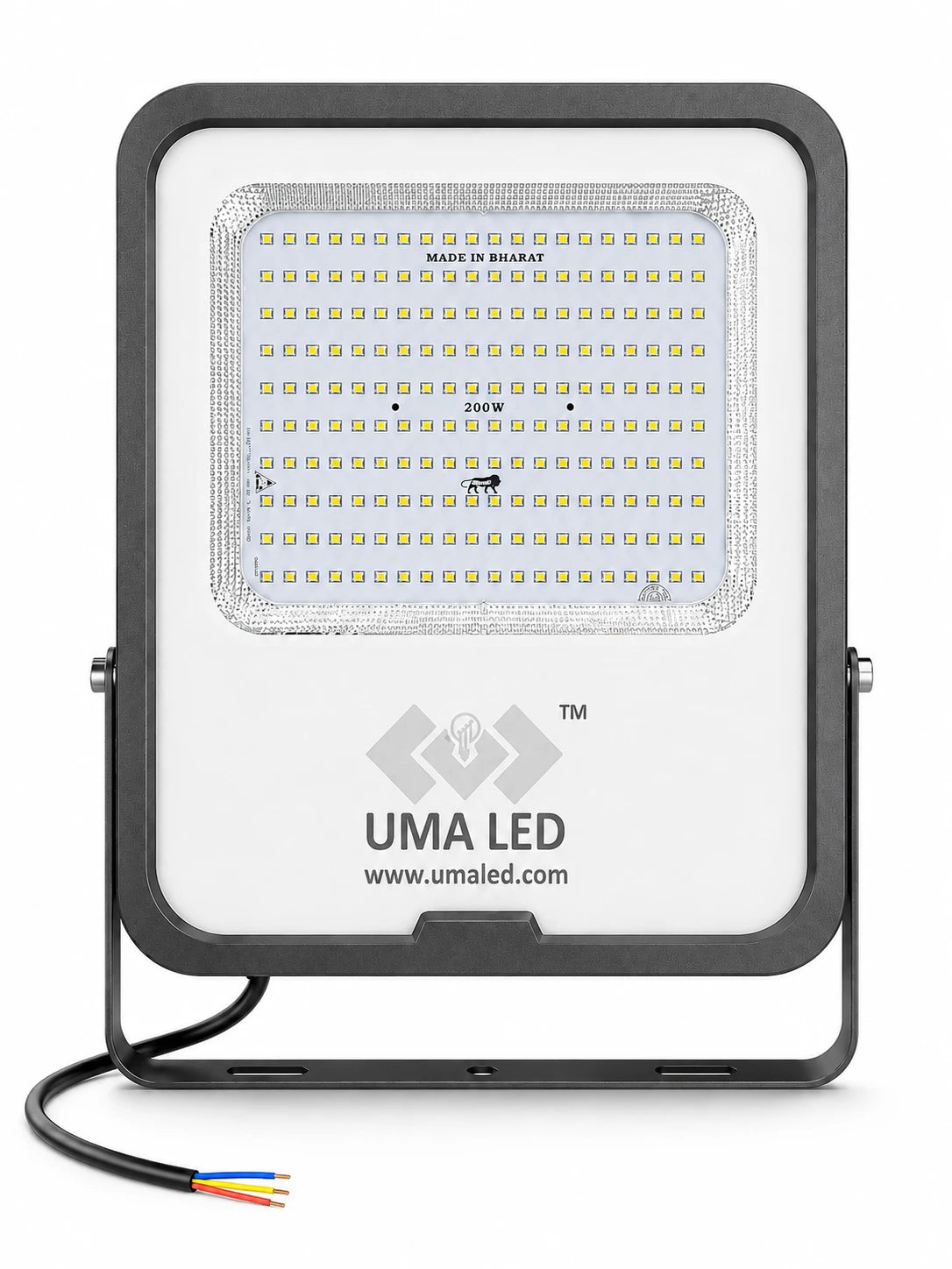 UMA LED 240W outdoor floodlight with a black metal housing and mounting bracket, featuring a white front plate with the UMA LED logo and a clear LED panel in the center.