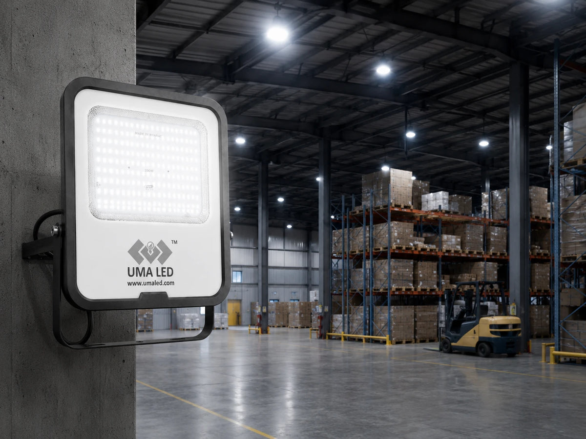 A large UMA LED outdoor floodlight mounted on a concrete pillar in a warehouse setting, with the warehouse aisles, shelving, and a forklift visible in the background.