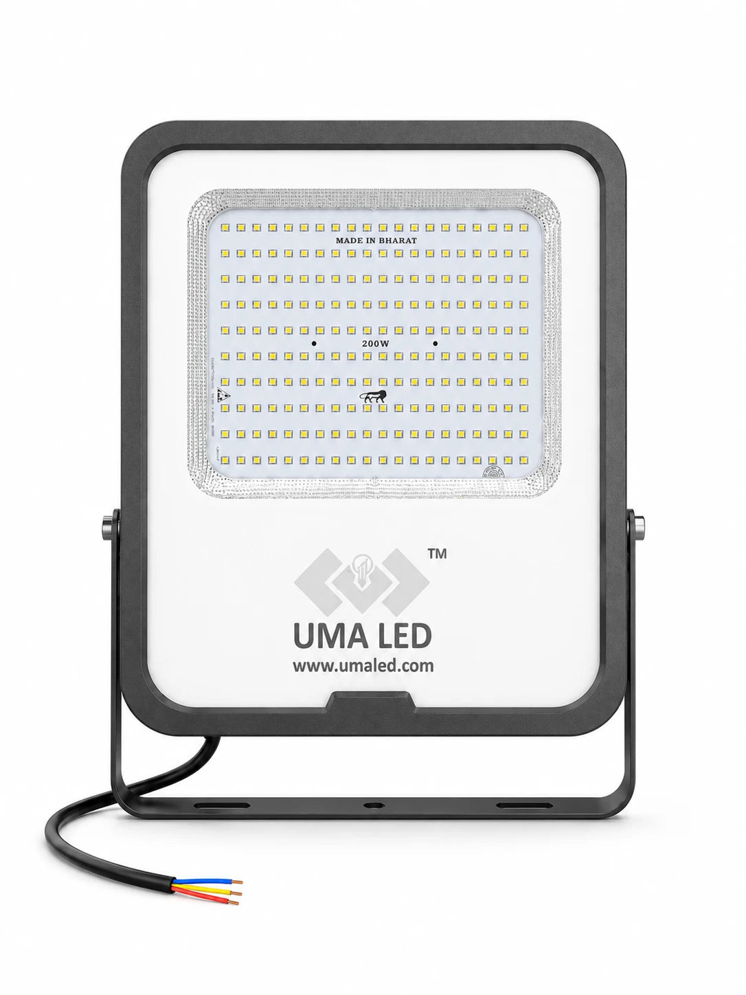 UMA LED 280W square LED floodlight with a black metal frame, white faceplate, and attached black cable with red, orange, and green wires, shown on a white background.