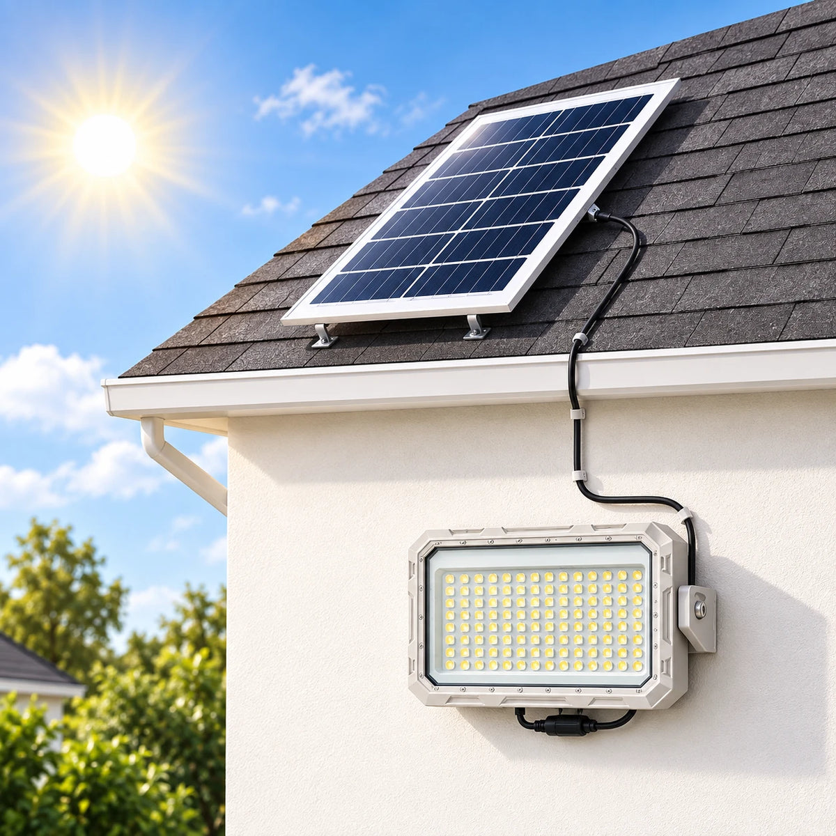 A solar-powered LED light fixture mounted on the exterior wall of a house under a pitched roof with a solar panel, shown in a bright outdoor setting with the sun shining and blue sky in the background.