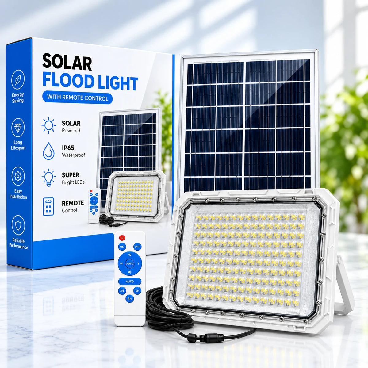Solar flood light set with a rectangular solar panel, a large white flood light with many LED chips, a smaller flood light, a remote control, and the retail box on a clean white background.