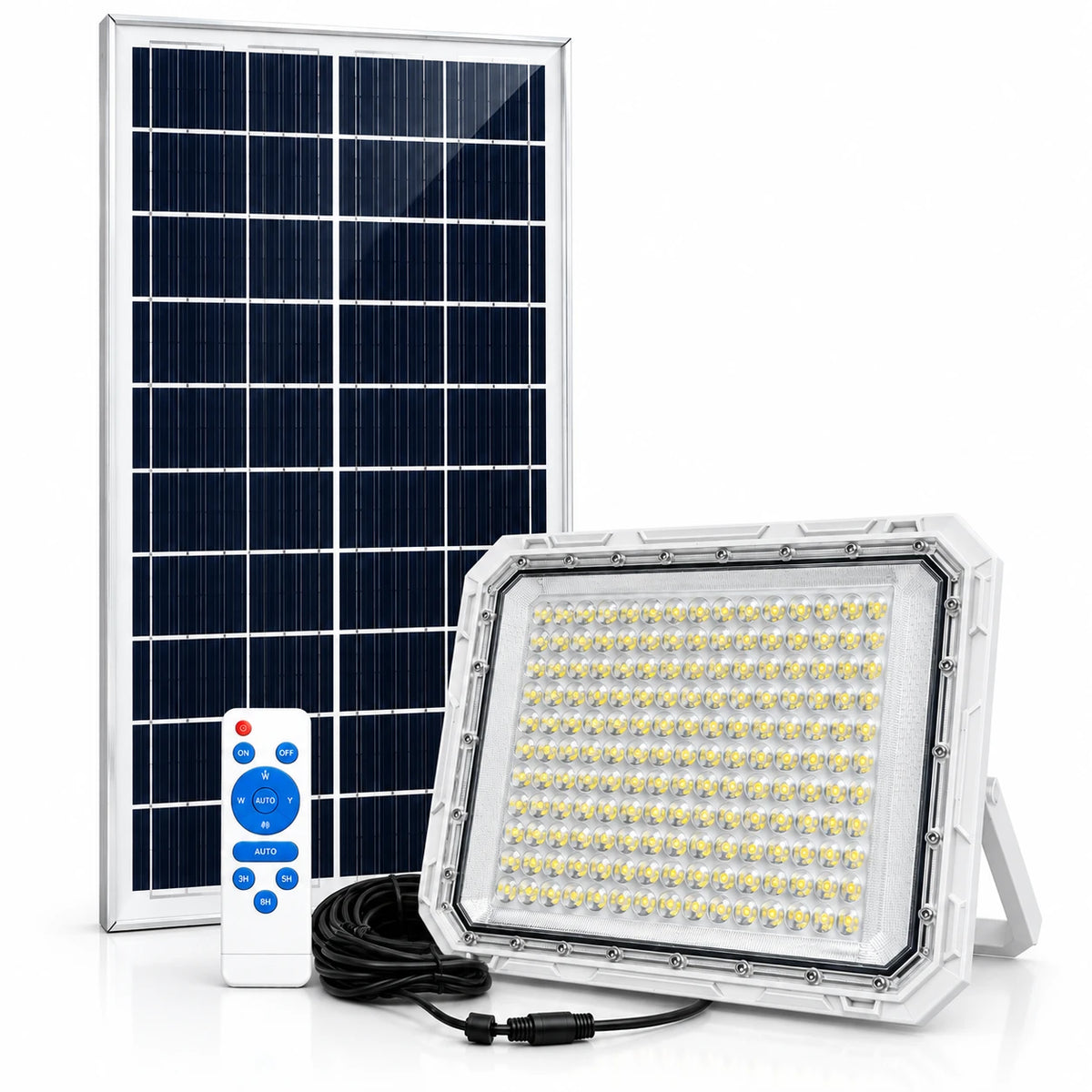 Solar LED floodlight kit with a rectangular solar panel, white floodlight housing with many LED chips, a black power cable, and a white remote control on a clean white background.