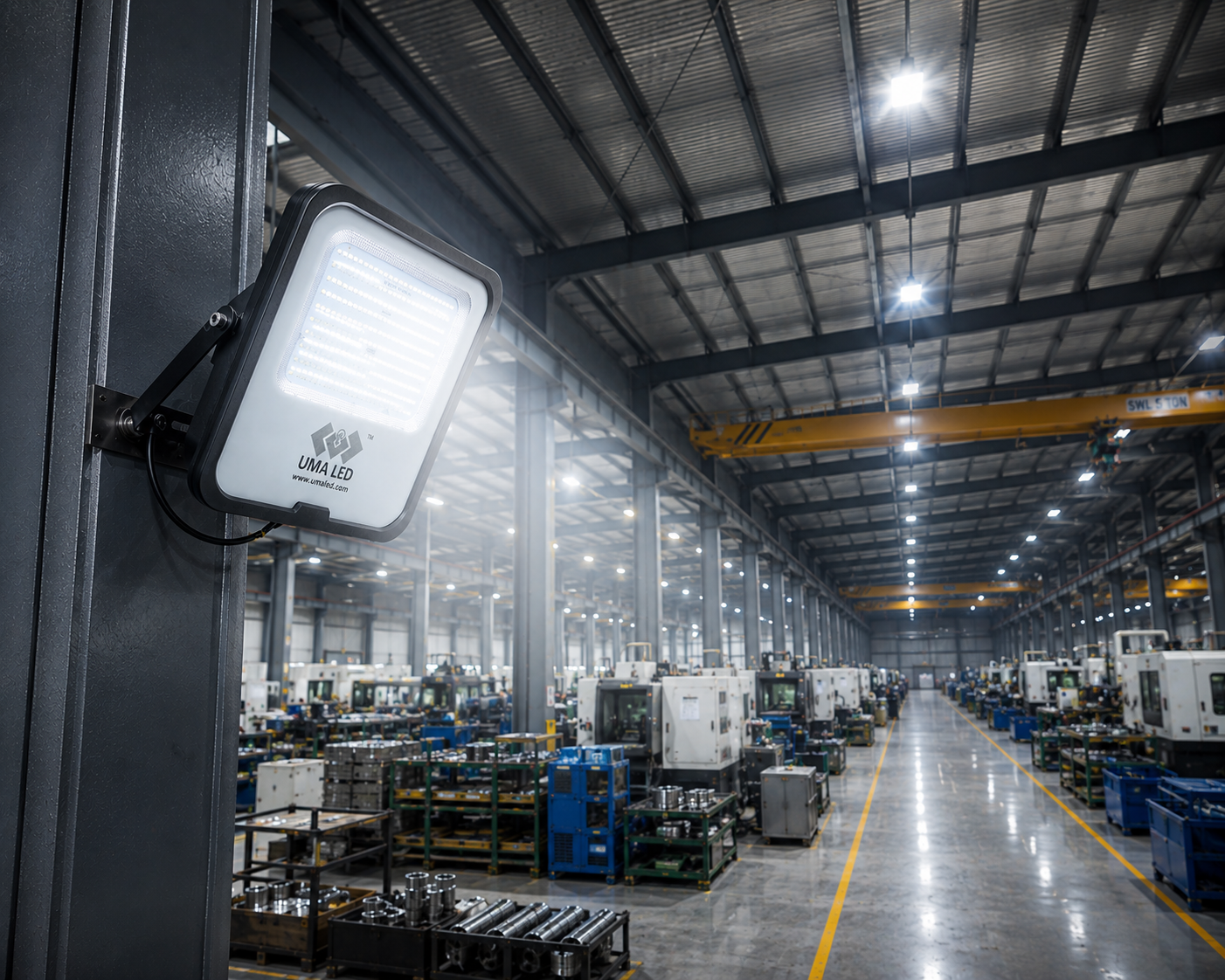 A large industrial wall-mounted floodlight by Uralid is shown mounted on a dark gray pillar inside a spacious, brightly lit manufacturing facility with rows of machinery and overhead gantry cranes.