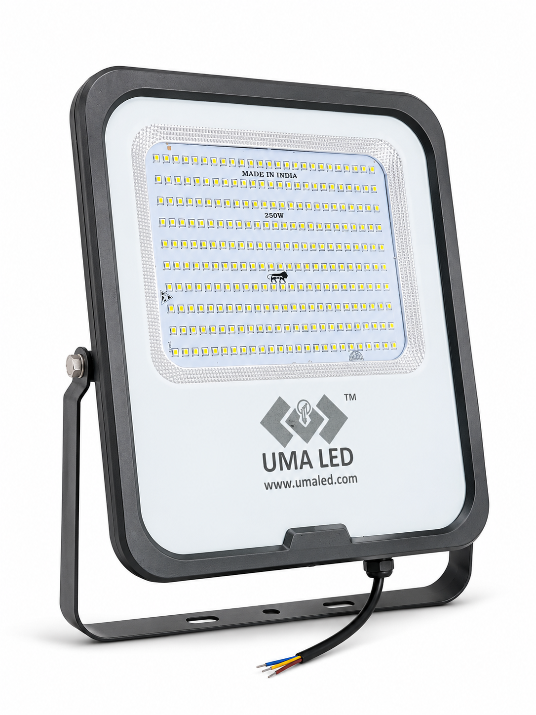 UMA LED square floodlight with a black metal housing and mounting bracket, featuring a white front plate with a grid of LED chips and the UMA LED logo.