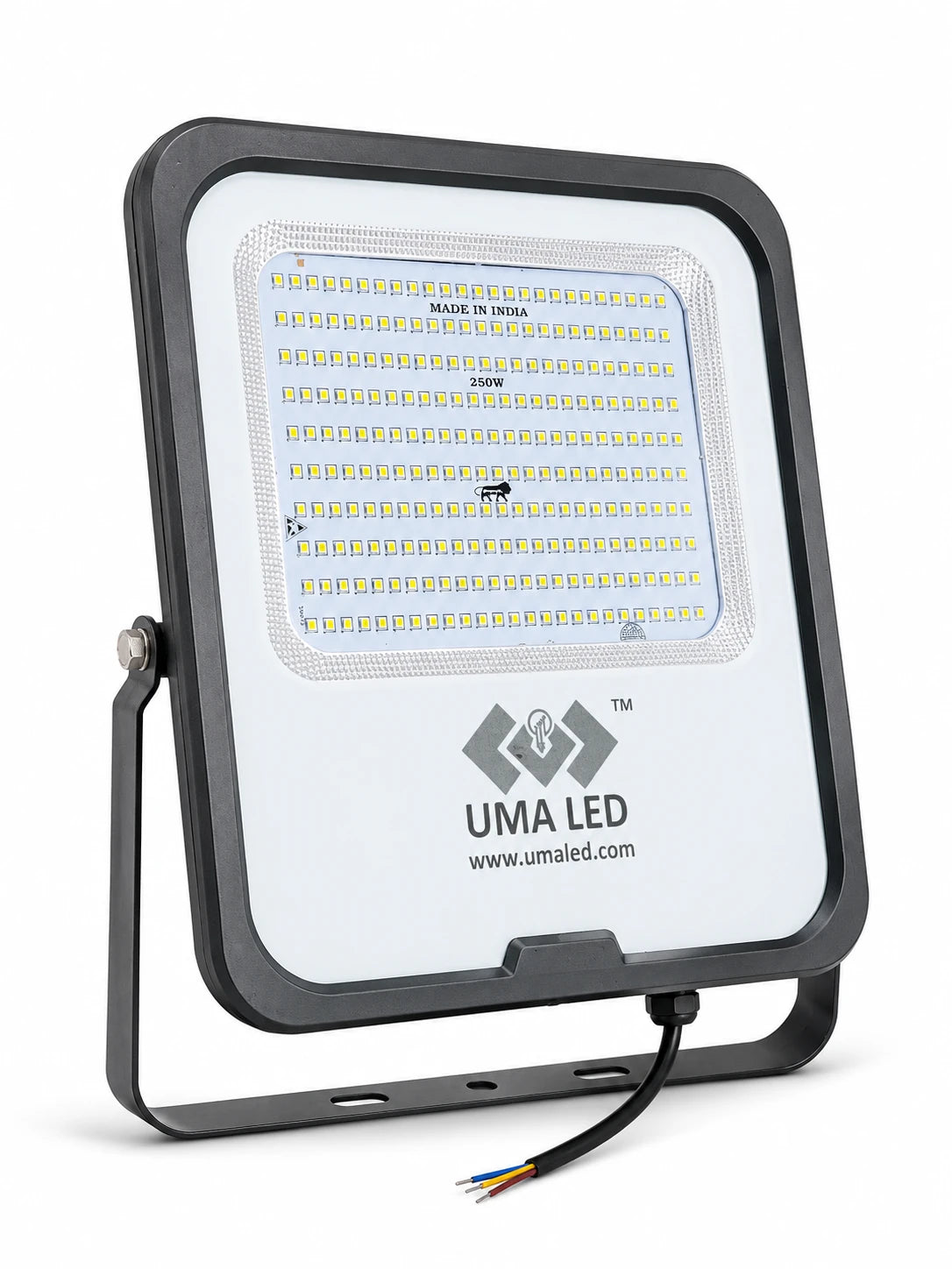 UMA LED 500W outdoor floodlight with a black metal housing, white front panel, and visible internal yellow LED chips, shown on a white background.