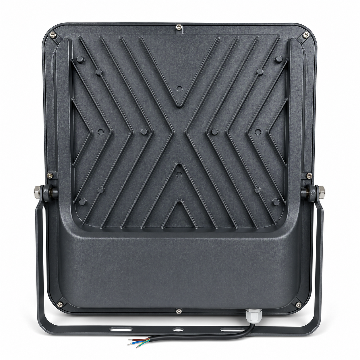 A black rectangular LED floodlight shown from the back, featuring a textured ribbed surface, mounting brackets on both sides, and a power cable with three exposed wires at the bottom, set against a plain white background.