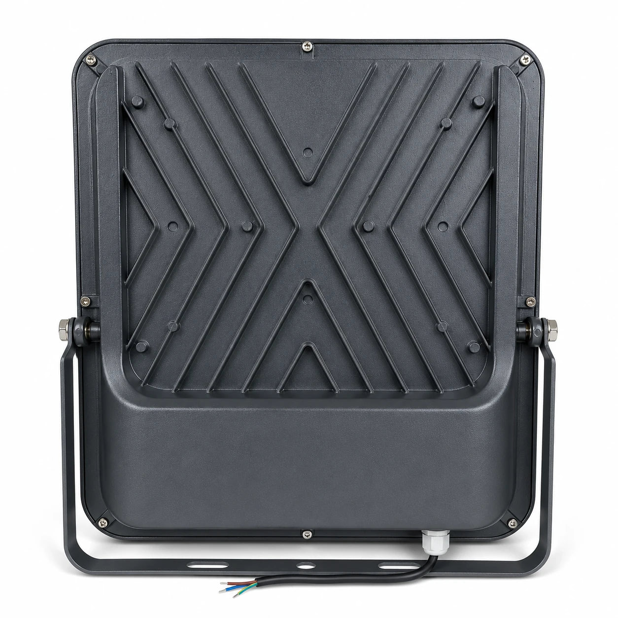 A square black industrial LED floodlight with a ribbed backplate, metal mounting brackets, and a power cable with colored wires, shown on a white background.