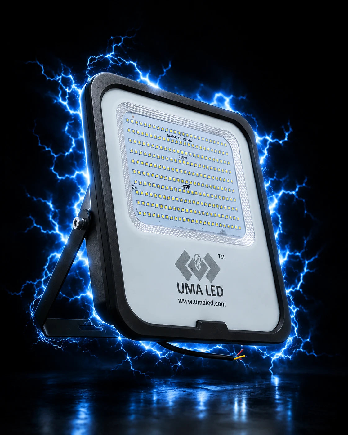 UMA LED square outdoor floodlight with a black housing and white faceplate, surrounded by dramatic blue lightning effects on a black background.