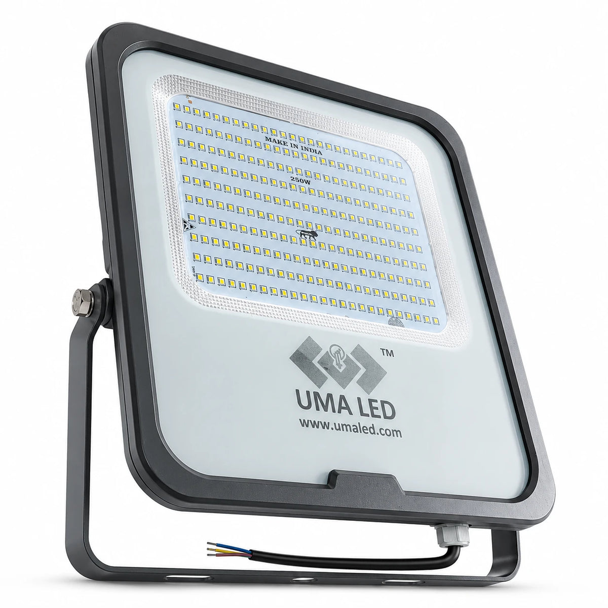 UMA LED square floodlight with a black housing and mounting bracket, featuring a white diffuser and visible internal LED chips, on a white background.