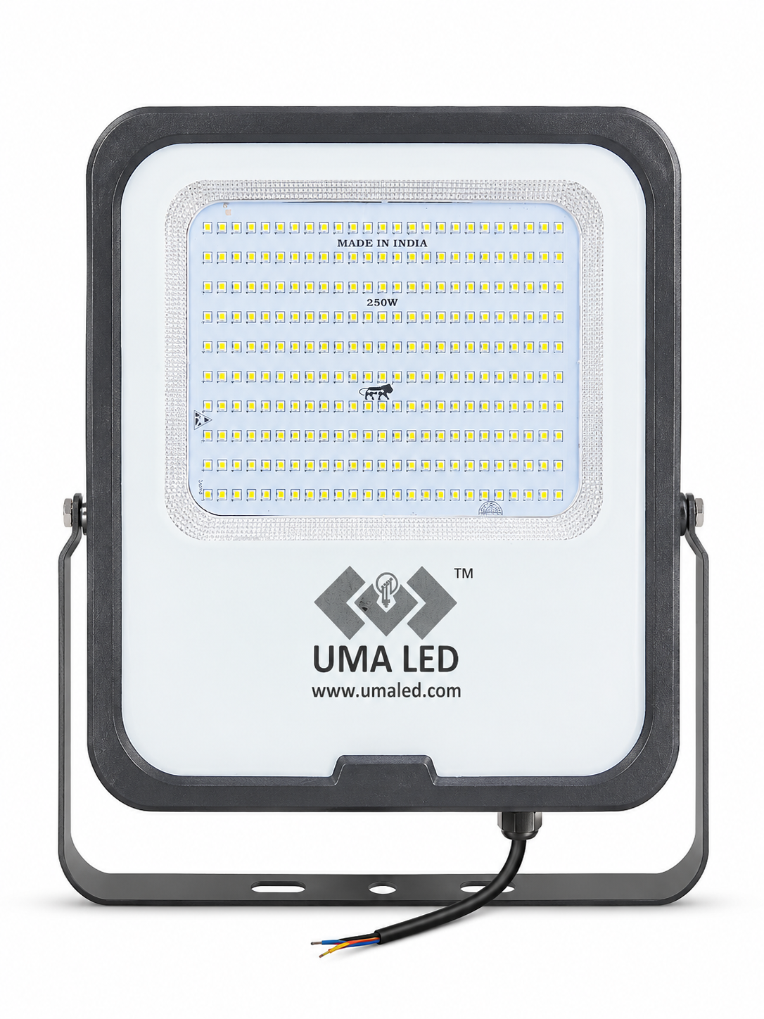 UMA LED floodlight with a white faceplate, black housing, and metal mounting bracket on a white background.
