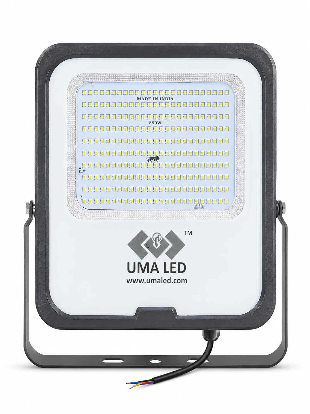 UMA LED floodlight with a white faceplate, black housing, and metal mounting bracket on a white background.