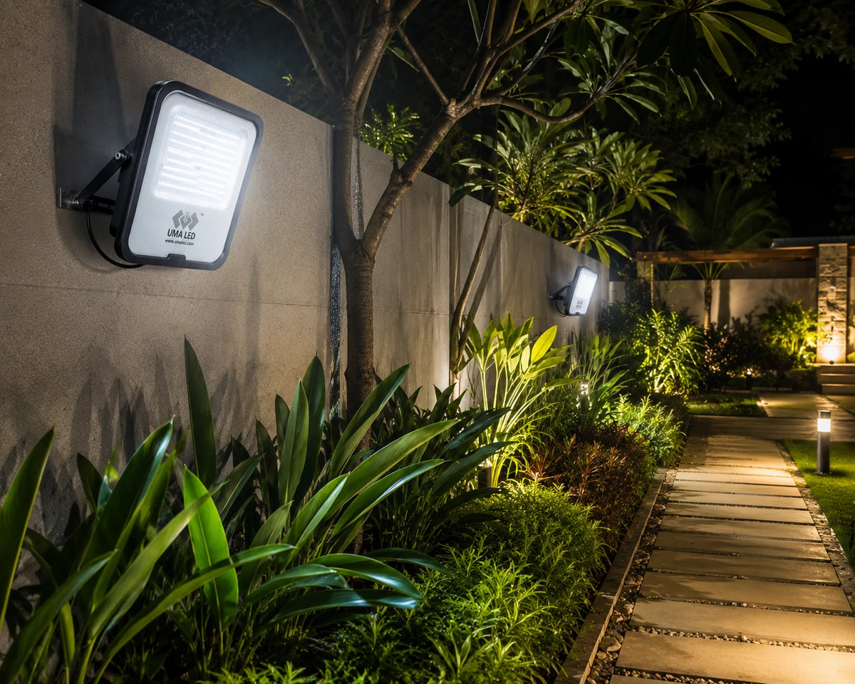 Outdoor landscape lighting at night showing a wall-mounted LED floodlight and pathway lights illuminating tropical plants and a wooden walkway.