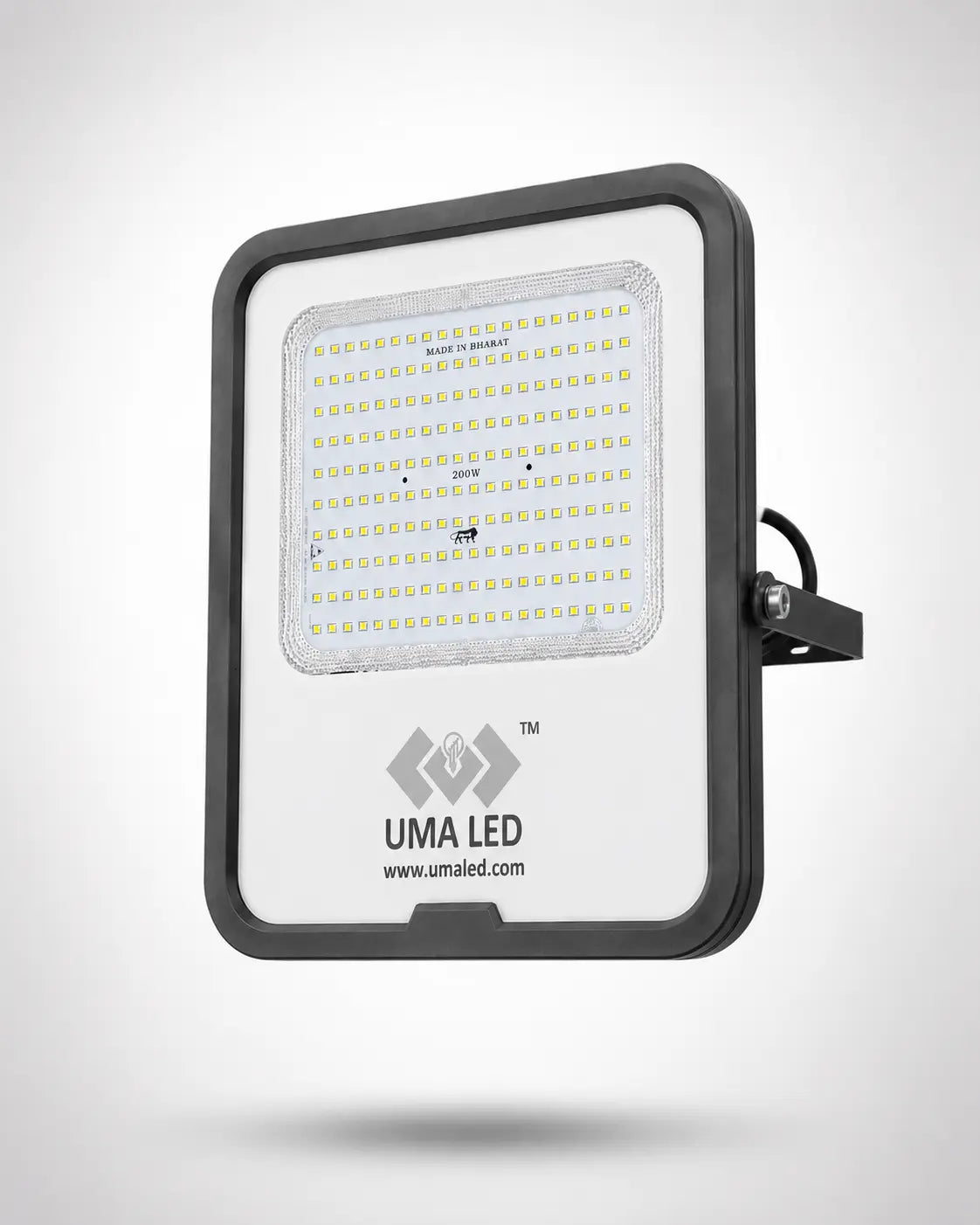 UMA LED square outdoor floodlight with a black frame and mounting bracket, featuring a white faceplate with LED chips and brand logo, shown on a light gray background.