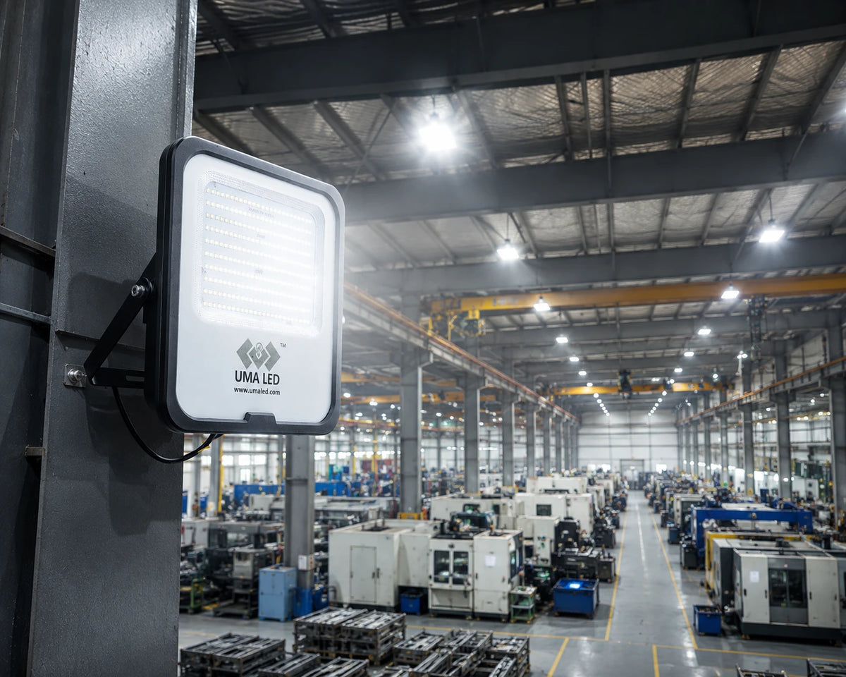 A large UMA LED outdoor light fixture mounted on a dark gray pillar inside a spacious industrial factory floor with machinery and overhead cranes in the background.