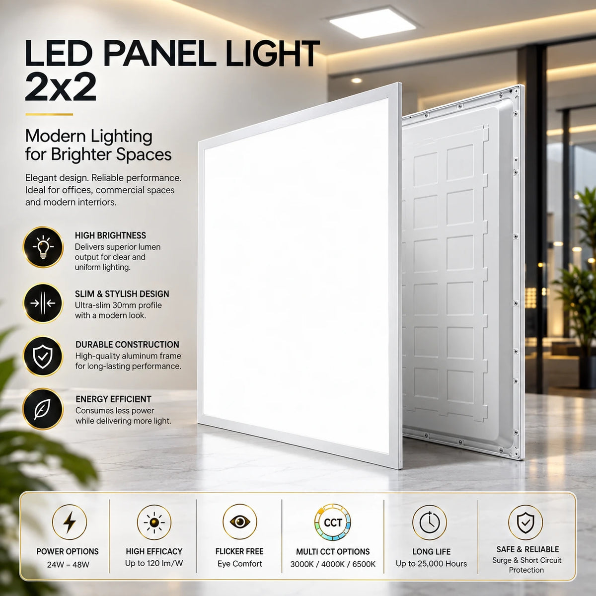 A 2x2 LED panel light shown in a modern interior setting, with one side of the square white light fixture facing forward and the other side angled to show the back structure. The image includes marketing text on the left highlighting features like high brightness, slim and stylish design, durable construction, and energy efficiency, plus a feature icon row at the bottom.