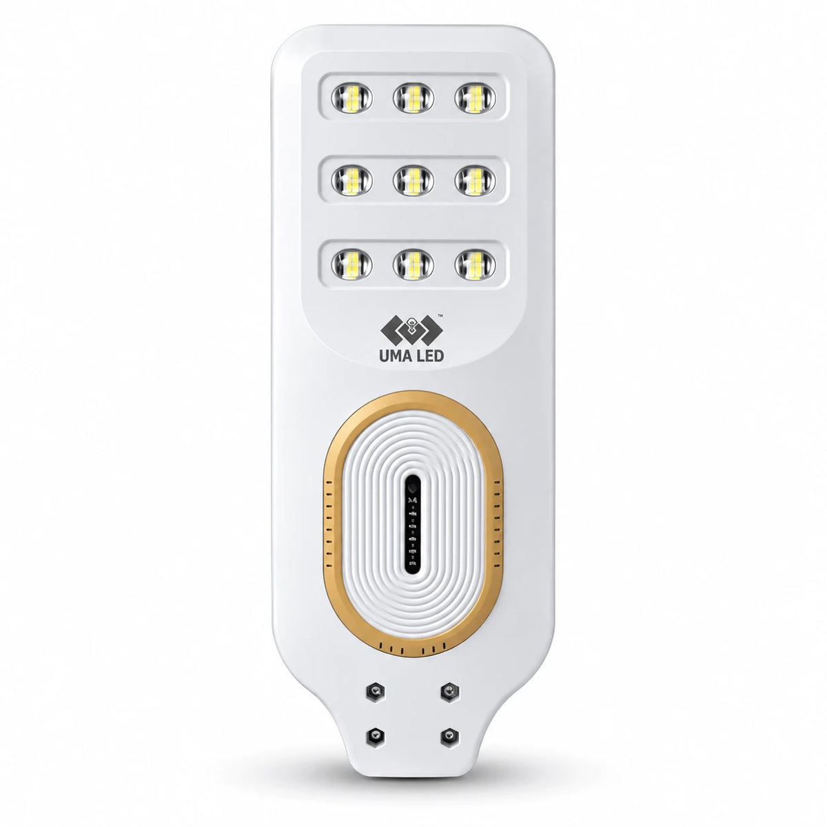 A white UMA LED portable light with nine LED bulbs arranged in three rows, featuring a gold circular accent and a central black ventilation slot, shown on a clean white background.