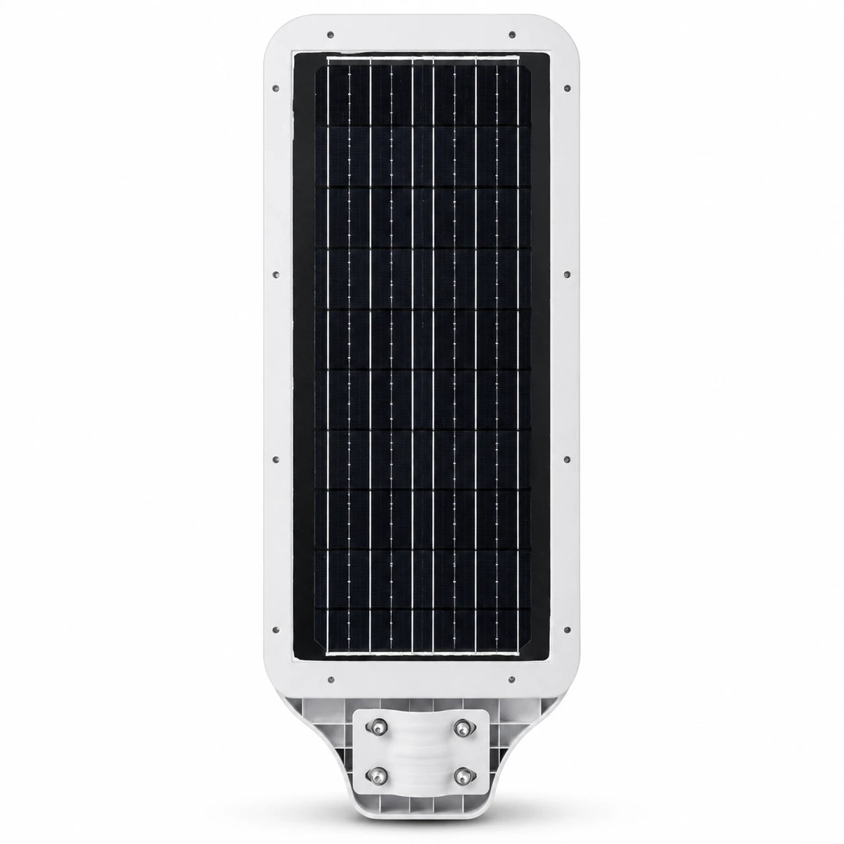 A solar-powered outdoor street light with a white housing and a large black solar panel on the front, shown against a plain white background.