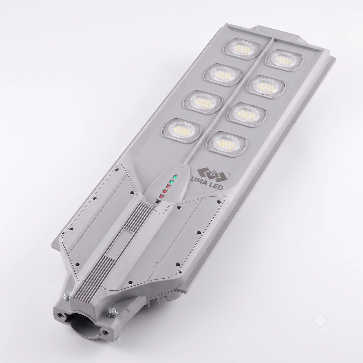 A modern linear LED street light with a gray housing, featuring multiple integrated LED chips, a small status indicator light, and the 'UNA LED' brand logo, shown on a clean white background.