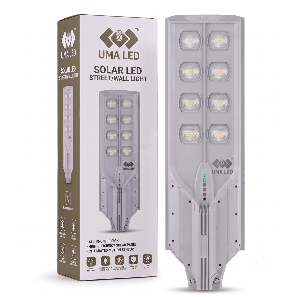 UMA LED solar LED street/wall light shown next to its retail packaging box on a clean white background.