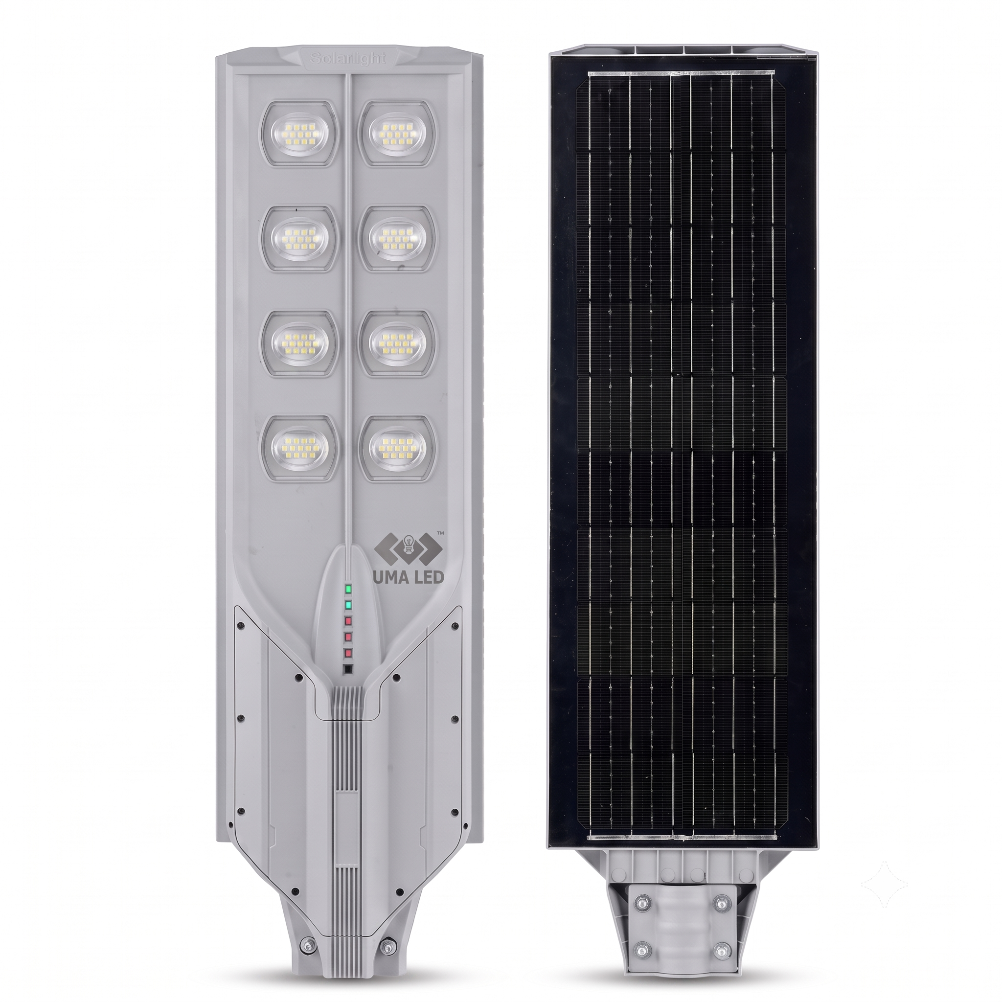 UMA LED 400W All-in-One Solar Street Light with integrated  solar panel and 8 LED modules in light grey. UMA LED 400 Watt solar street light integrated with solar panel and lithium battery pack