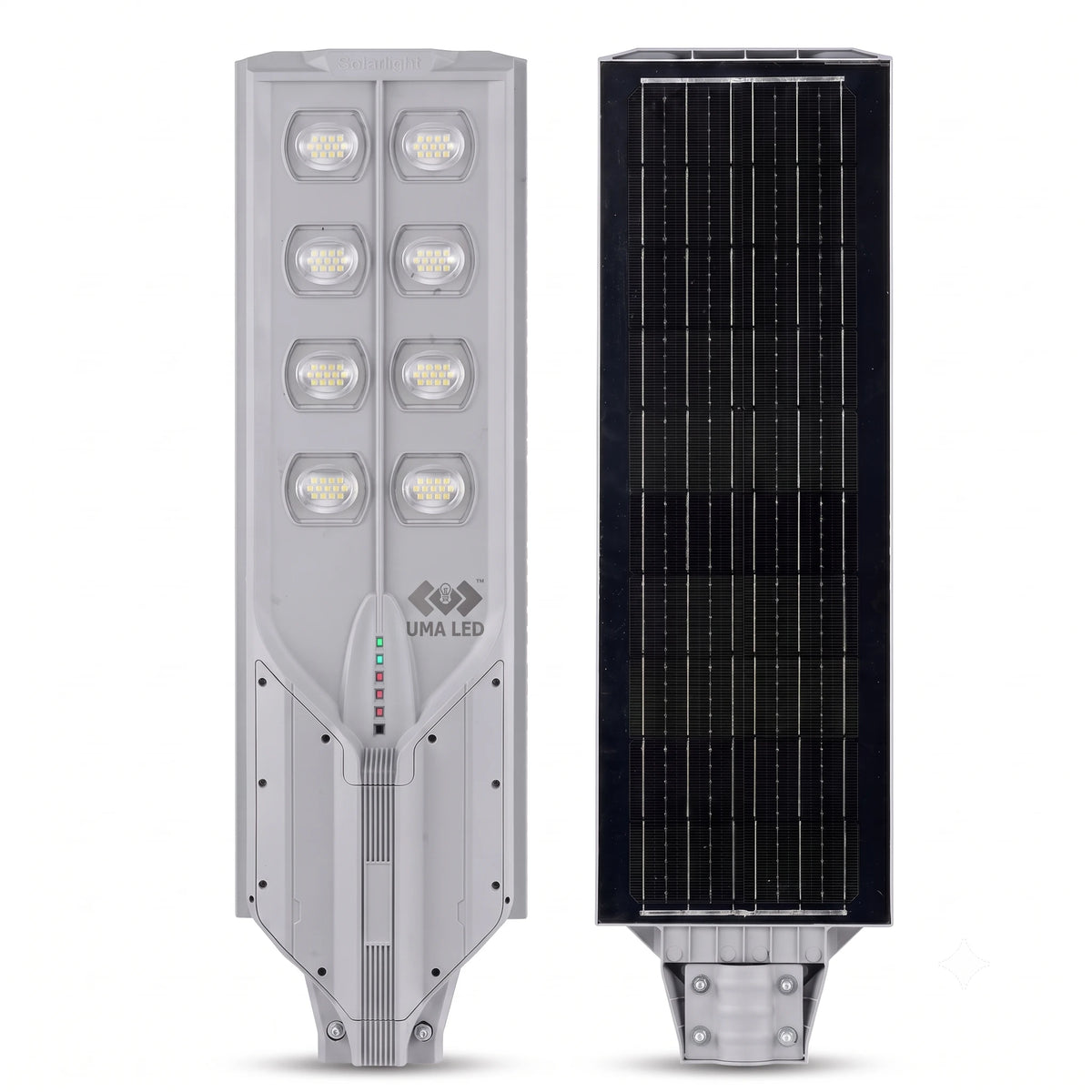 A tall solar-powered street light shown from two angles: the left view shows the light housing with multiple LED bulbs, and the right view shows the black solar panel side, both on a white background.
