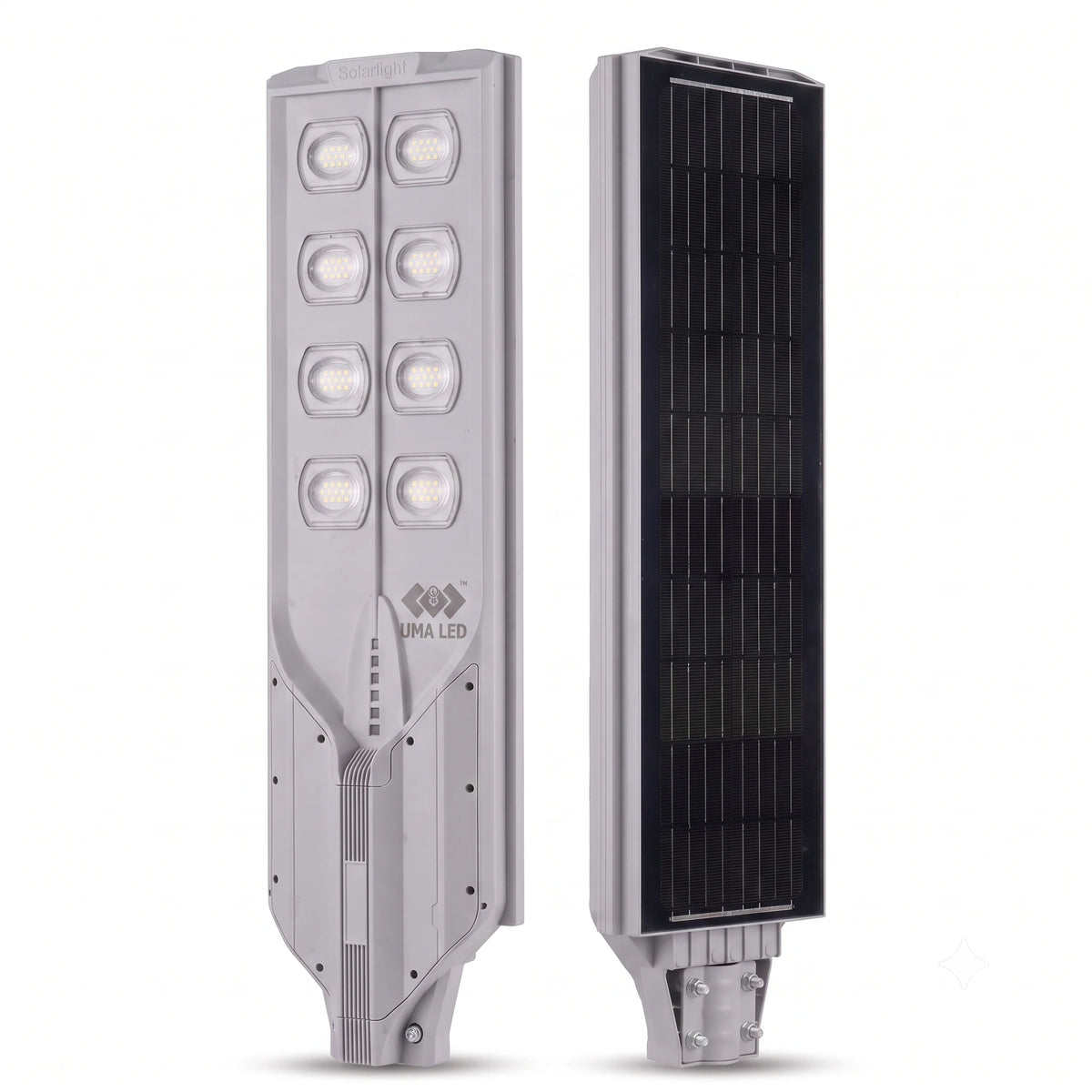 Two views of a solar-powered LED street light on a plain white background: one showing the light housing with six illuminated LED bulbs, and the other showing the solar panel side.