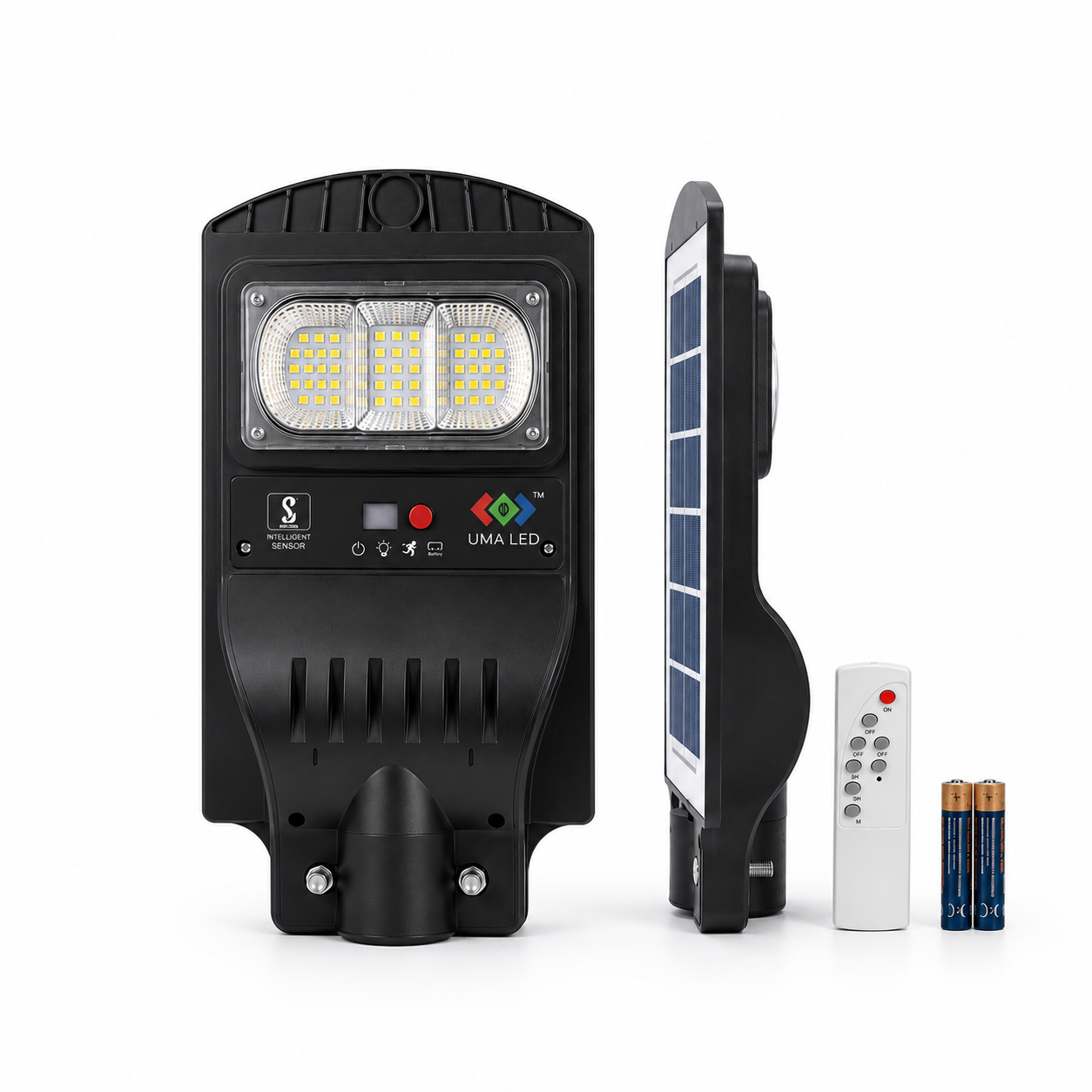 Solar street light with remote control and batteries on a white background