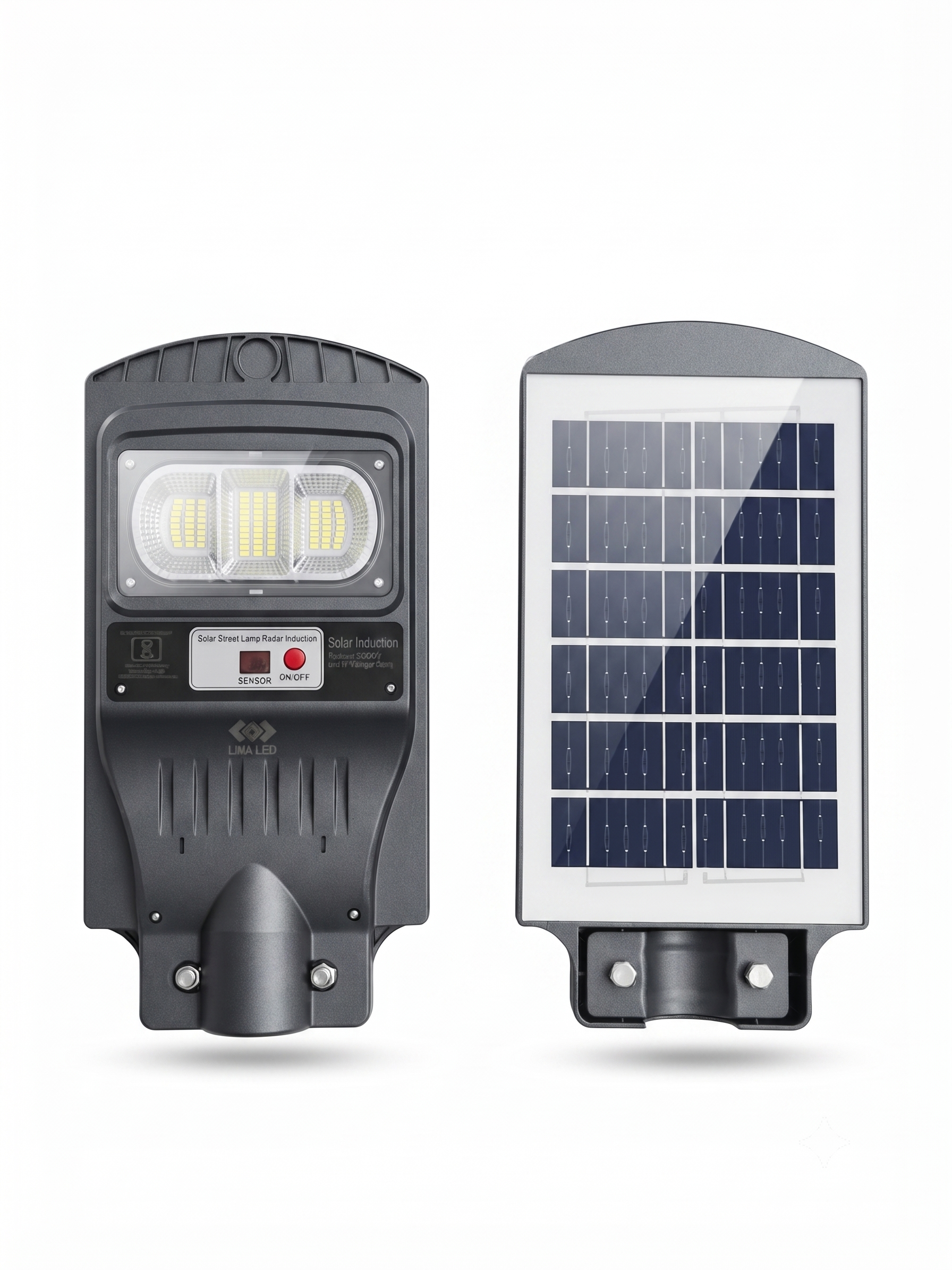 UMA LED 40W Solar Street Light front and back view with high-efficiency solar panel for outdoor roads, gardens and parking areas in Surat, Gujarat, India.
