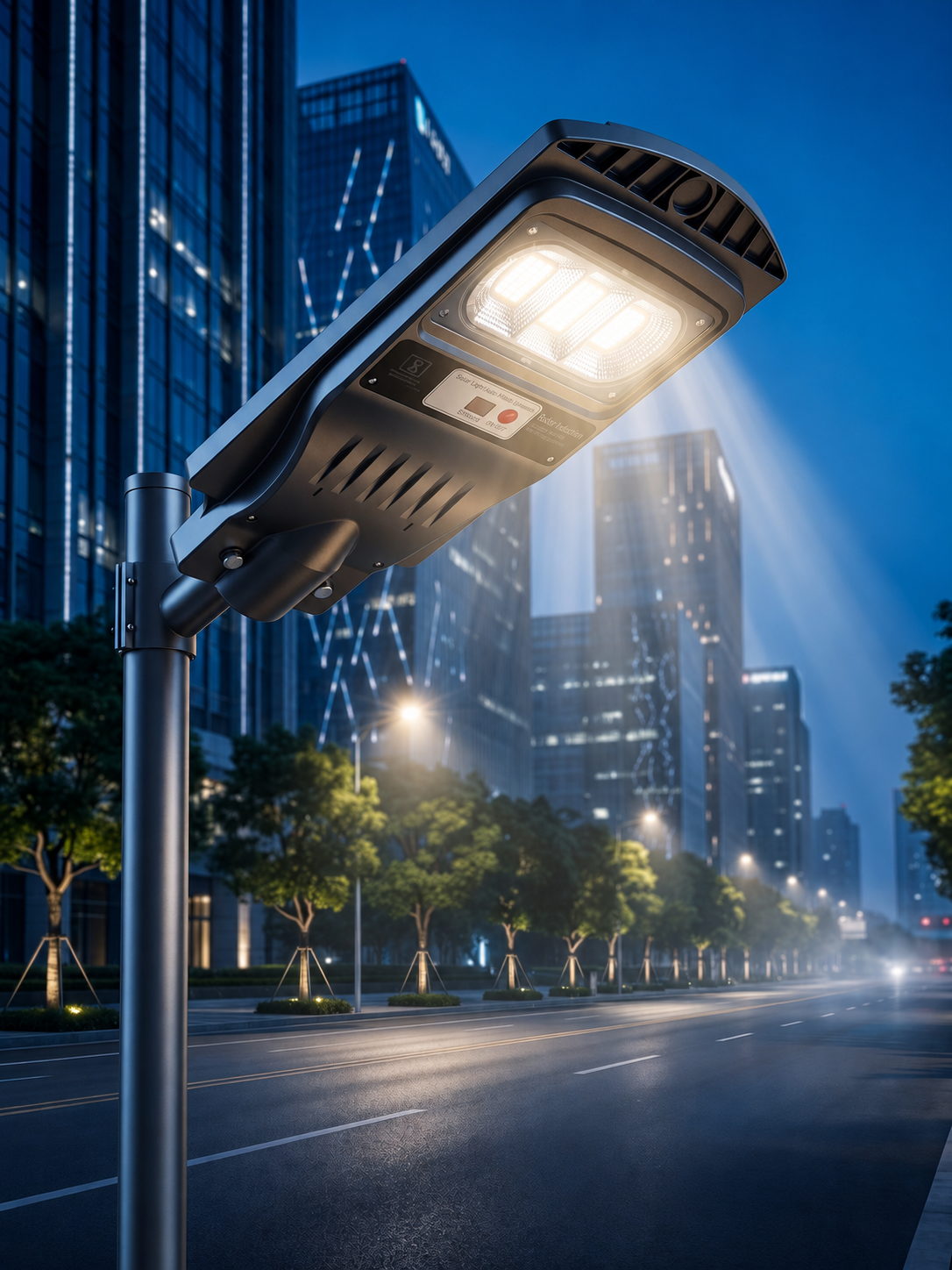UMA LED 40W Solar Street Light installed in a residential street providing energy-efficient dusk-to-dawn outdoor lighting in Surat, Gujarat, India.