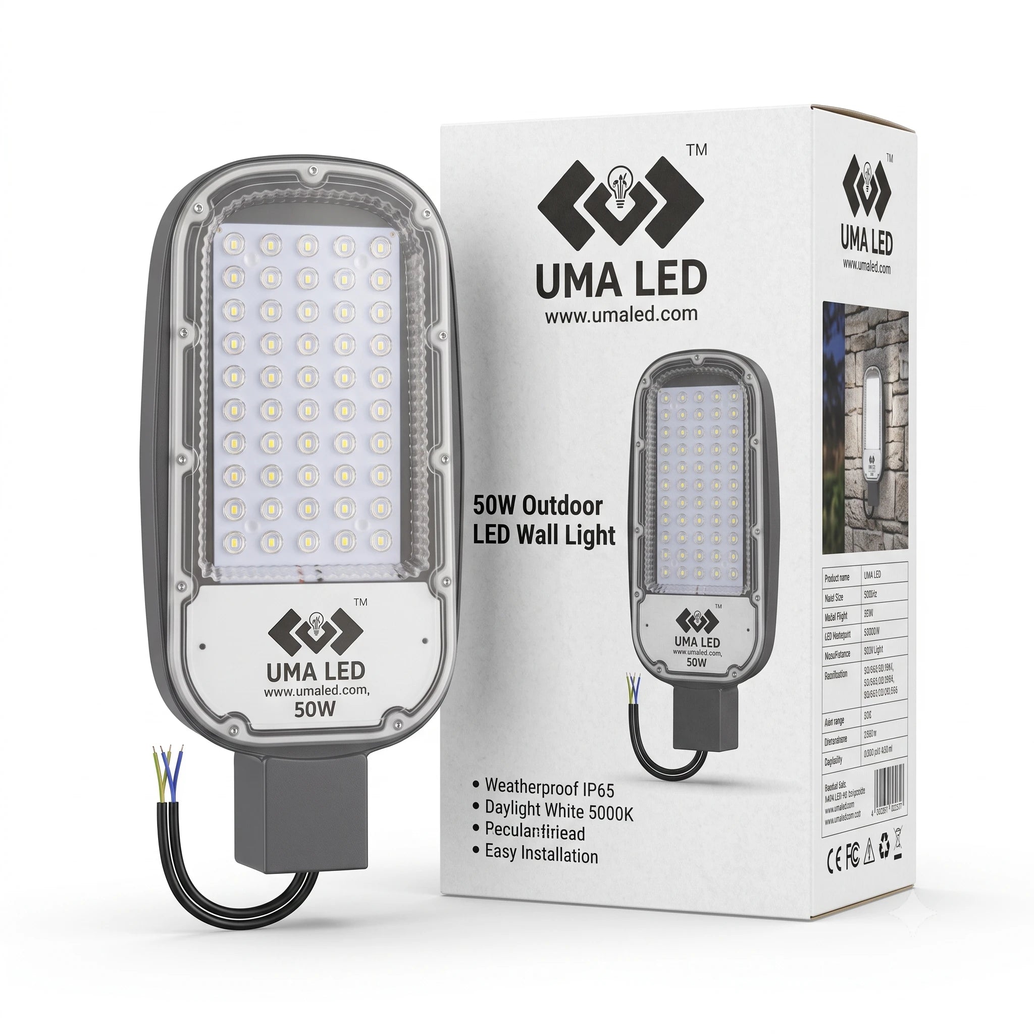 UMA LED 50W outdoor LED wall light shown next to its retail packaging box on a white background.