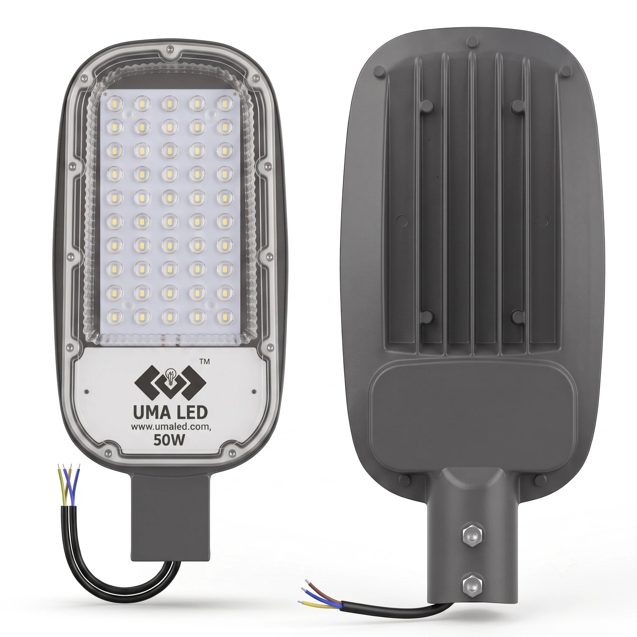 Two views of a 50W outdoor LED street light by UMA LED, showing the front face with the LED array and brand label, and the back side with a ribbed housing and mounting socket, on a white background.