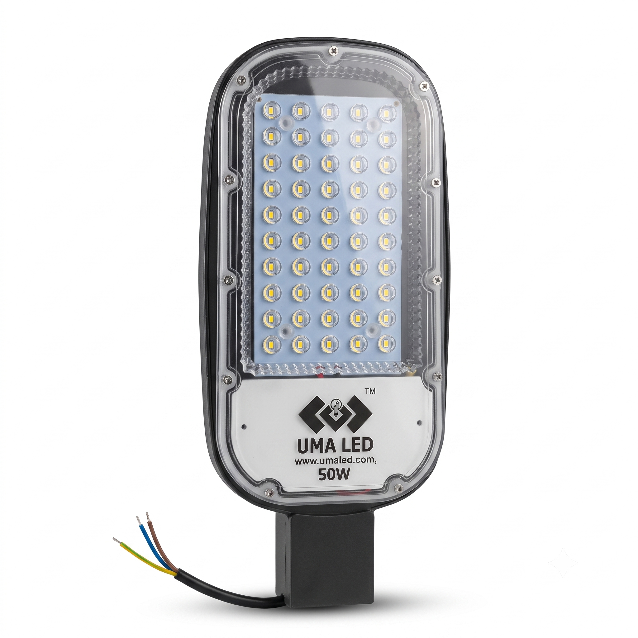 UMA LED 50W LED Street Light front view with high brightness SMD LEDs and IP65 waterproof housing
