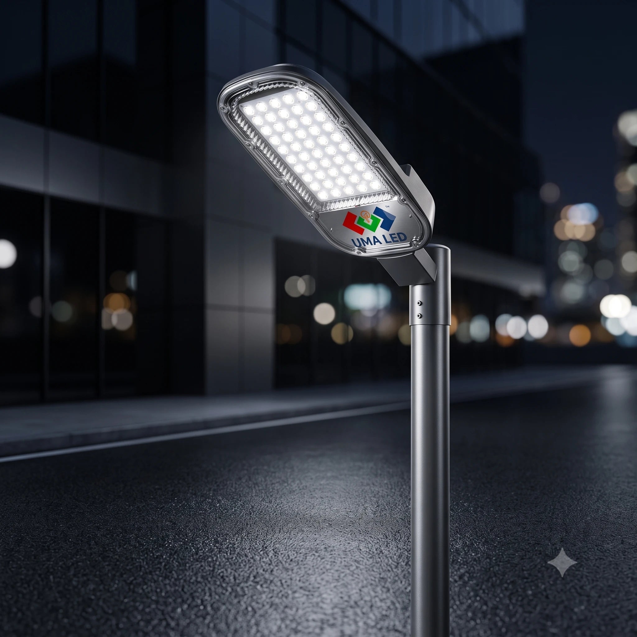 A modern LED street light with a silver metal pole and a rectangular light head, shown illuminated on a wet city street at night. The brand logo 'WHA LED' is visible on the light head.