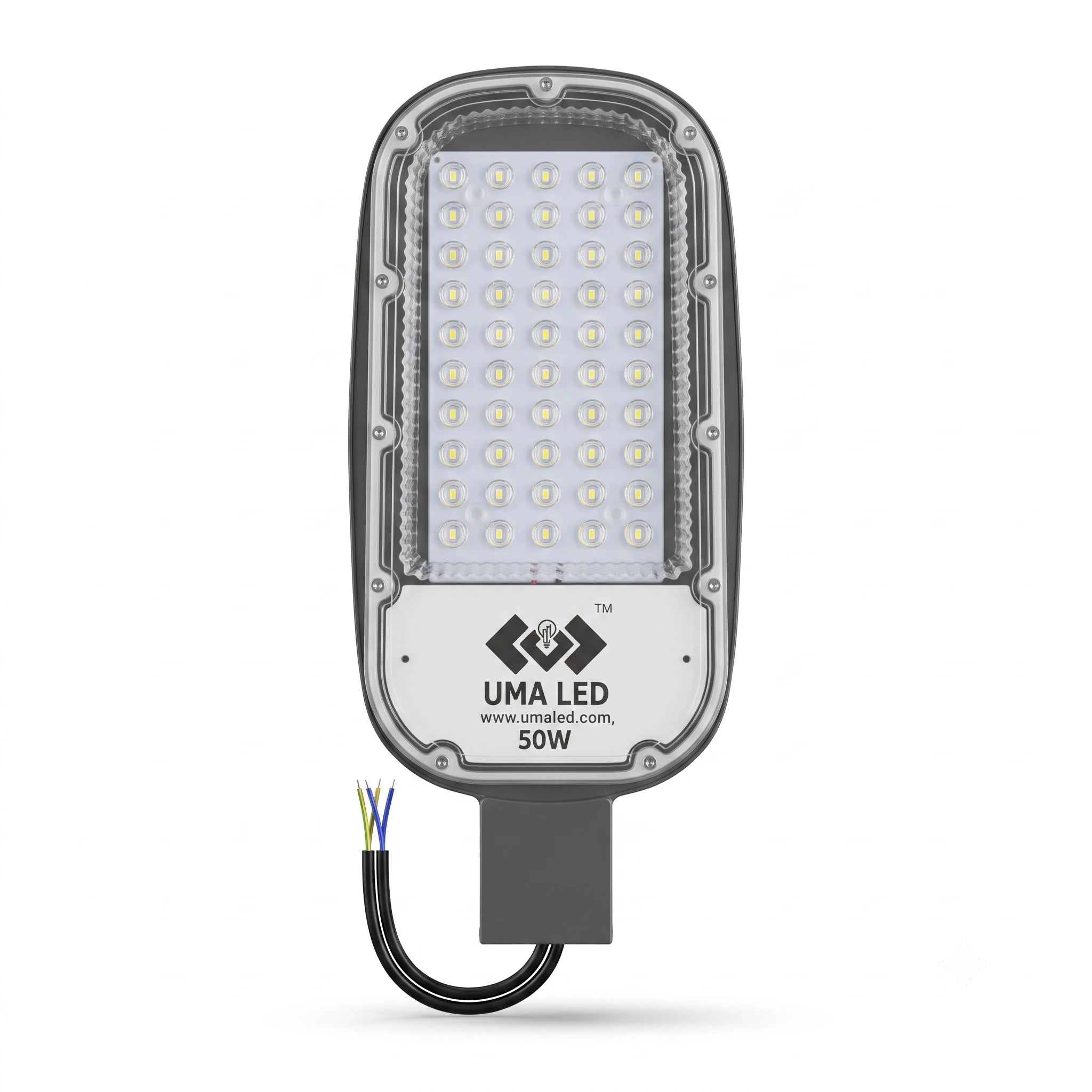 A 50W LED street light fixture by UMA LED, featuring a silver and black housing, a clear lens with numerous LED chips, and a black cable with three wires, shown on a white background.